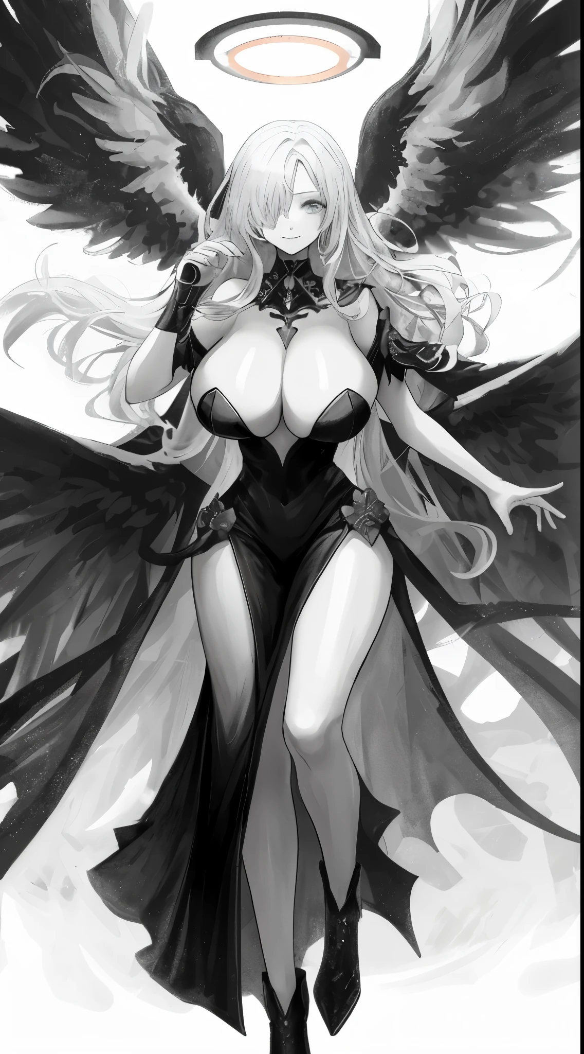 1 angel girl, Character Design, White background BREAK, white hair, long hair, bangs, hair over one eye, blue eyes, detailed, halo, naked, curvy muscular, white skin, exposed breasts, gigantic rocket breasts, highlight on breasts, tight breasts, i-shaped cleavege, pale blond gogeous gothic dress, tattoo, light smile, masterpiece, Hyper Detailed, Sharp Focus, Best Quality, 8K, Dynamic Pose, full-body, greyscale