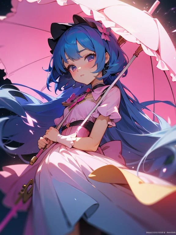 a close up of a doll with a pink dress and a blue umbrella, splash art anime loli, 8K high quality detailed art, portrait of magical girl, Detailed digital anime art, cute anime waifu in a nice dress, detailed key anime art, loli in dress, Anime art wallpaper 8 K, cushart krenz key art feminine,White panties, expose breasts,