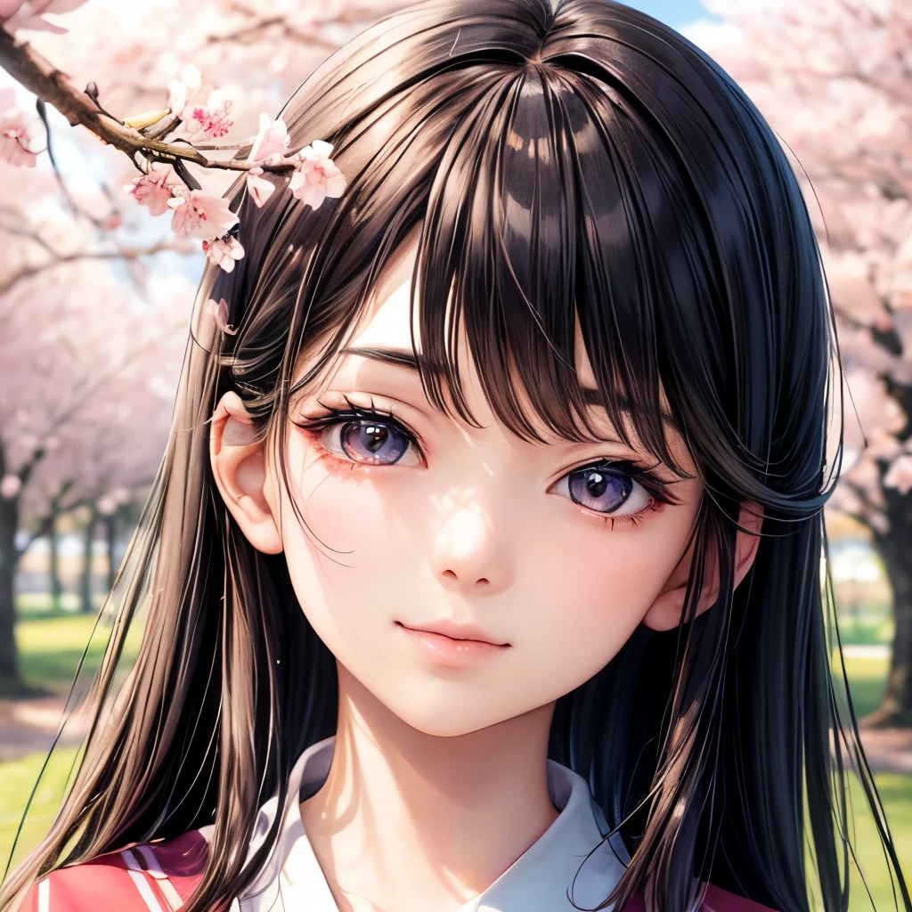 Japanese girl, high school uniform, seifuku, dreamy colors, sentimental style, cherry blossoms, modest clothes, realistic face