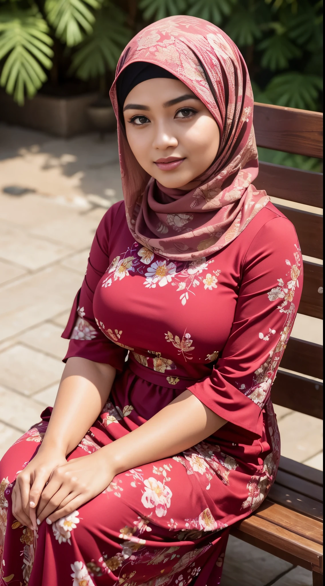 (Close up),RAW, Best quality, high resolution, masterpiece: 1.3), Beautiful Malay woman in hijab,Karya, fit body, big breast,sthick thighs,big beautiful eyes, Soft smile, beautiful face, muslim close up of a woman in a red dress sitting on a wooden bench, wearing a long flowery dress, inspired by Nazmi Ziya Güran, inspired by Naza, wearing pink floral gown, red floral dress, inspired by Mym Tuma, flowery dress, idian dress, inspired by reyna rochin, full covered dress , very beautiful enga style , Great lighting, Bright colors, Clean lines