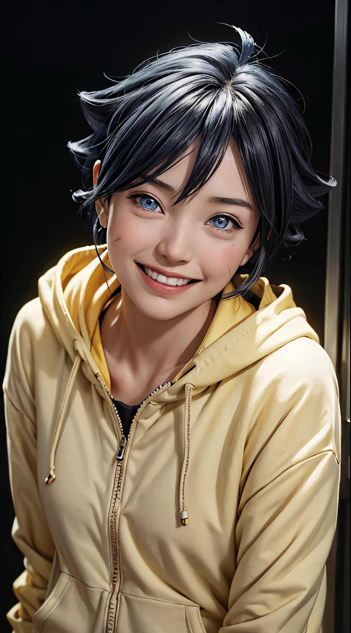 8k, best quality, masterpiece, realistic, ultra detail, photo realistic, hyper realistic, smoother lighting, increase cinematic lighting quality, realistic lighting, backlighting, brightening light, Increase quality, best quality real texture skin, 
close-up, slender, cute face, smile, beautiful details eyes, 19years, very nice super detail ,  hair blue hair, hoodie ,perffect charakter real life ,( Uzumaki Himawari ) ,(Boruto: Naruto next Generation) , Anime from realistic , ultra high quality , detailed short , photo raw , solo ,cute girl , yellow Hoodie , outtfit detail Lora