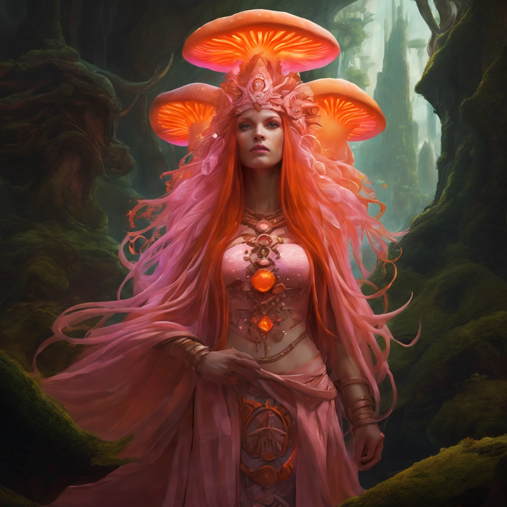 pink mushroom queen, cyberpunk dramatic light, orange glow, flowing robes, sparkling orange jewellery, perfect milky white skin, epic long hair, fluorescent orange, redhead, concept art by jesper ejsing, mushroom crown, orange fiery tulle fabric, detailed matte fantasy painting, overgrown with moss, cave, Aztec fantasy, land of oz, soft mayan queen