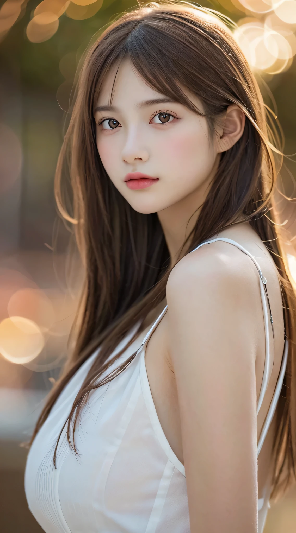 (Best Quality), (Ultra-detailed), (Illustration), (Detailed light), (extremely delicate and beautiful), ung girls, Brown hair, Brown eyes, modeled, bare shoulders、breastsout:1.2), Best Quality, extremely detailed CG unified 8k wallpaper, High-definition color, Professional, (((Bokeh))), depth of fields, Twilight, Sunset,