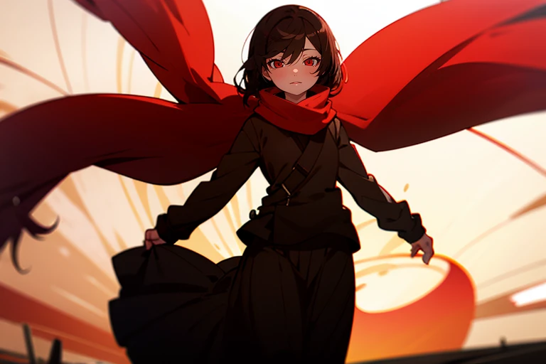 1girl in，Black hair，Red eyes，black sweater clothes，Standing in the center，very long hair，Red scarf，radiant eyes，Long skirt，radiant eyes，Fluttering hair