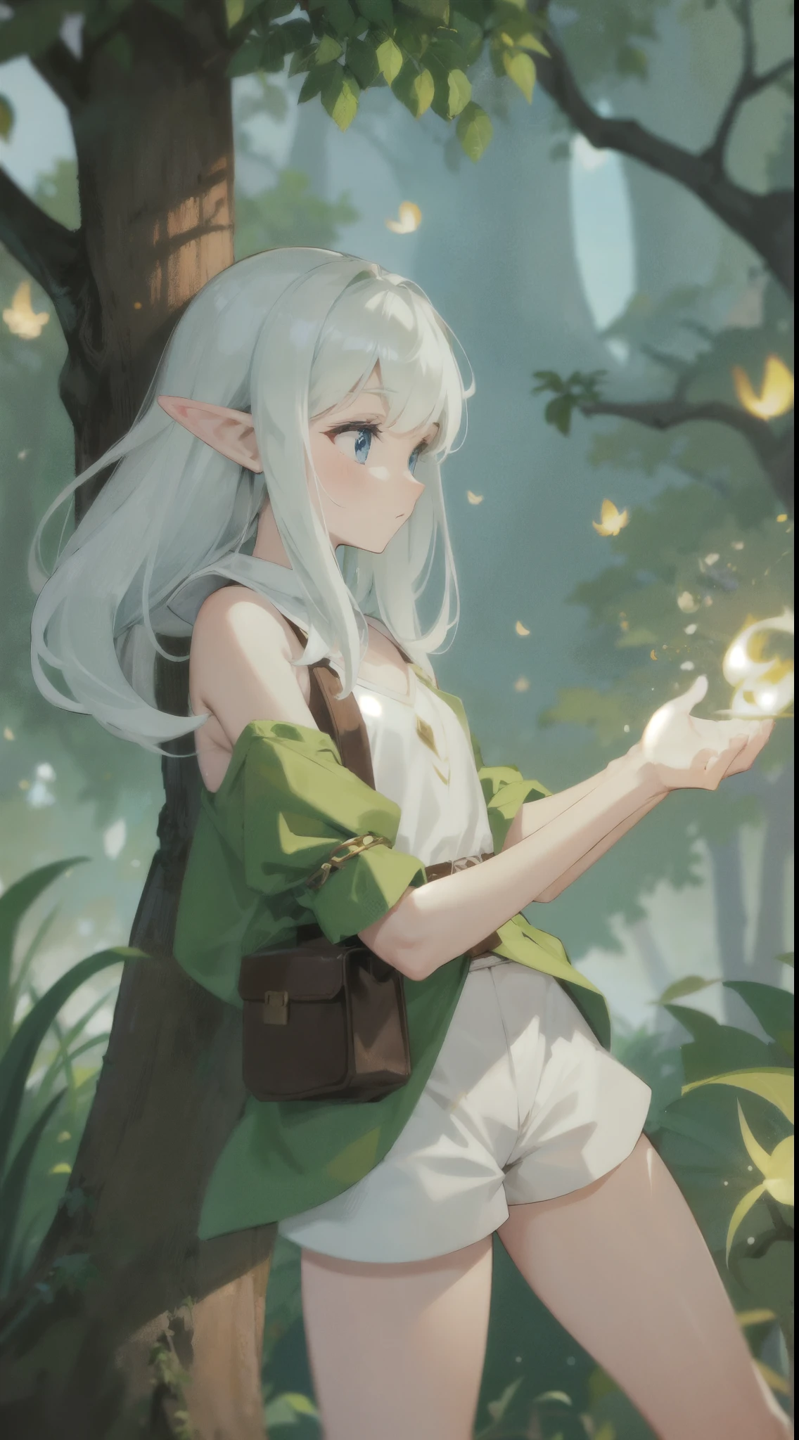 trees everywhere, elf, white tight shorts, white bolero, fireflies, detailed, colorful