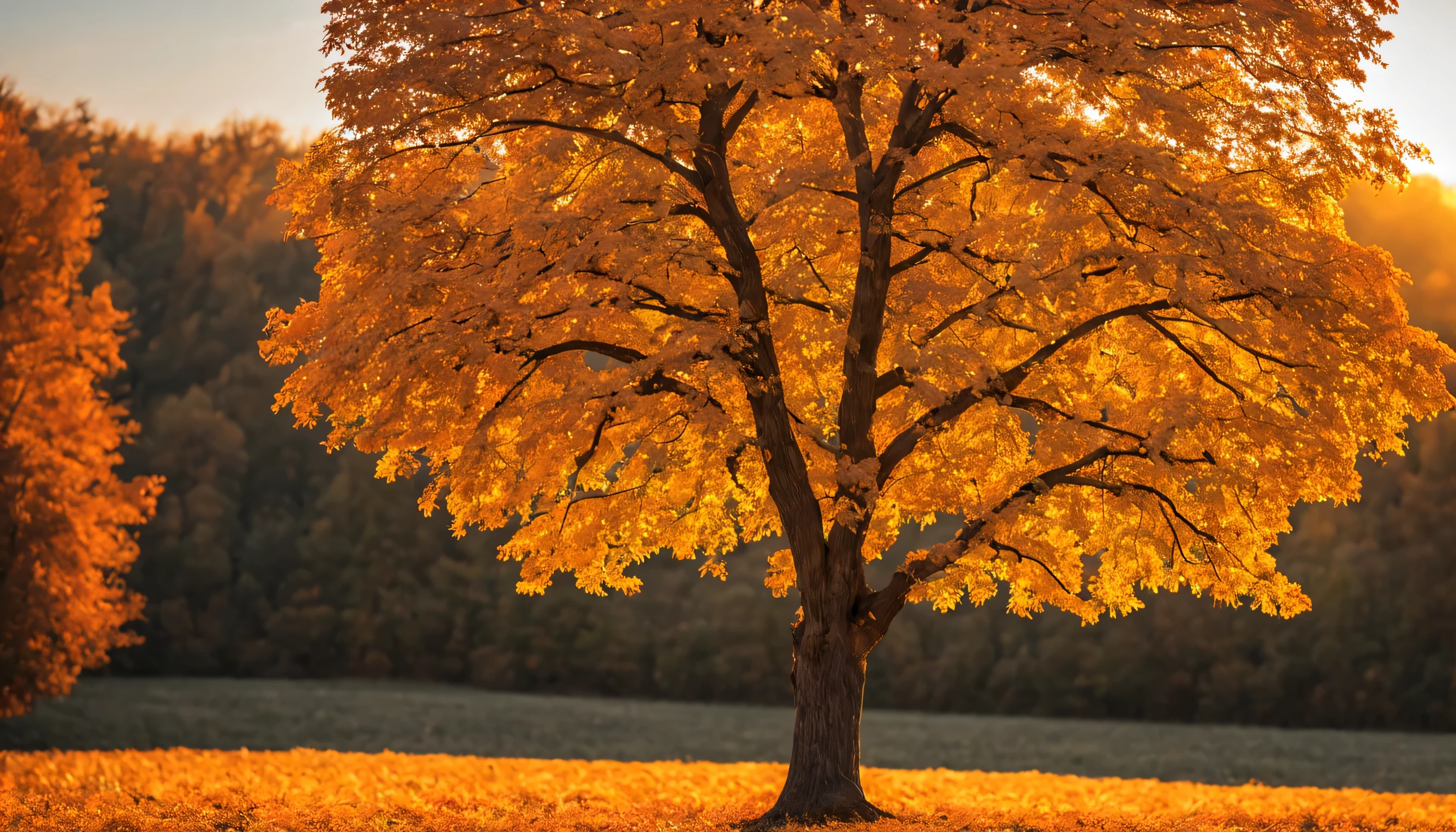 Autumnal Symphony: A solitary tree stands in a field of golden leaves, its branches reaching towards a vibrant sunset. Capture the RAW beauty of the scene, the delicate textures of the leaves, the intricate patterns of the bark, and the soft glow of the setting sun. (Masterpiece, RAW photo, realistic, detailed, best HD detailed, High quality, 32k, Autumn colors, soft natural light, close-up on tree and leaves)