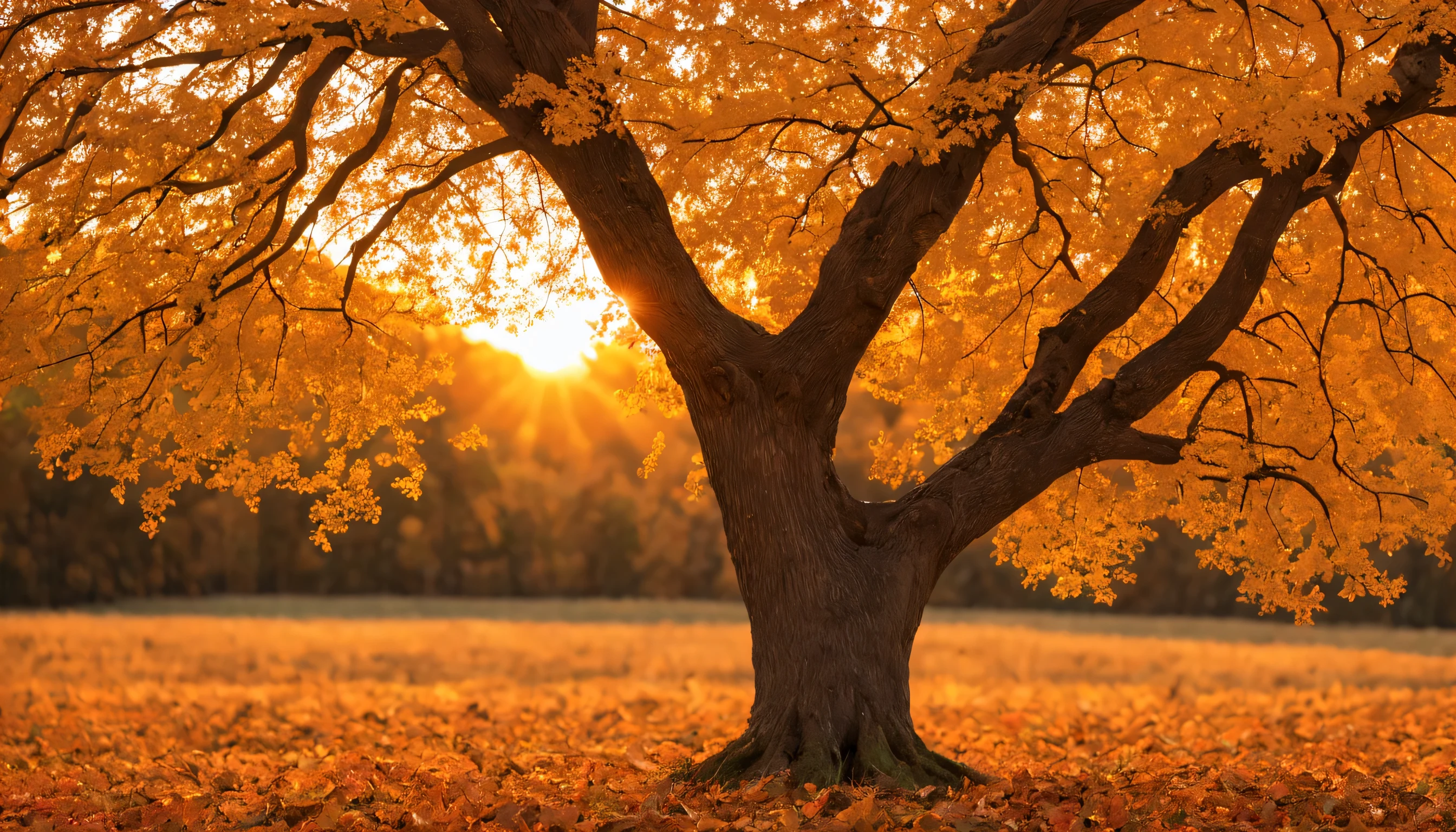 Autumnal Symphony: A solitary tree stands in a field of golden leaves, its branches reaching towards a vibrant sunset. Capture the RAW beauty of the scene, the delicate textures of the leaves, the intricate patterns of the bark, and the soft glow of the setting sun. (Masterpiece, RAW photo, realistic, detailed, best HD detailed, High quality, 32k, Autumn colors, soft natural light, close-up on tree and leaves)