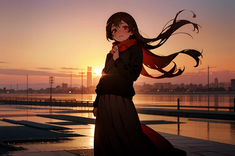 1girl in，Detailed details，Brown hair，Red eyes，black sweater clothes，Standing in the center，very long hair，Red scarf，radiant eyes，Long skirt，radiant eyes，Fluttering hair，Sunset background