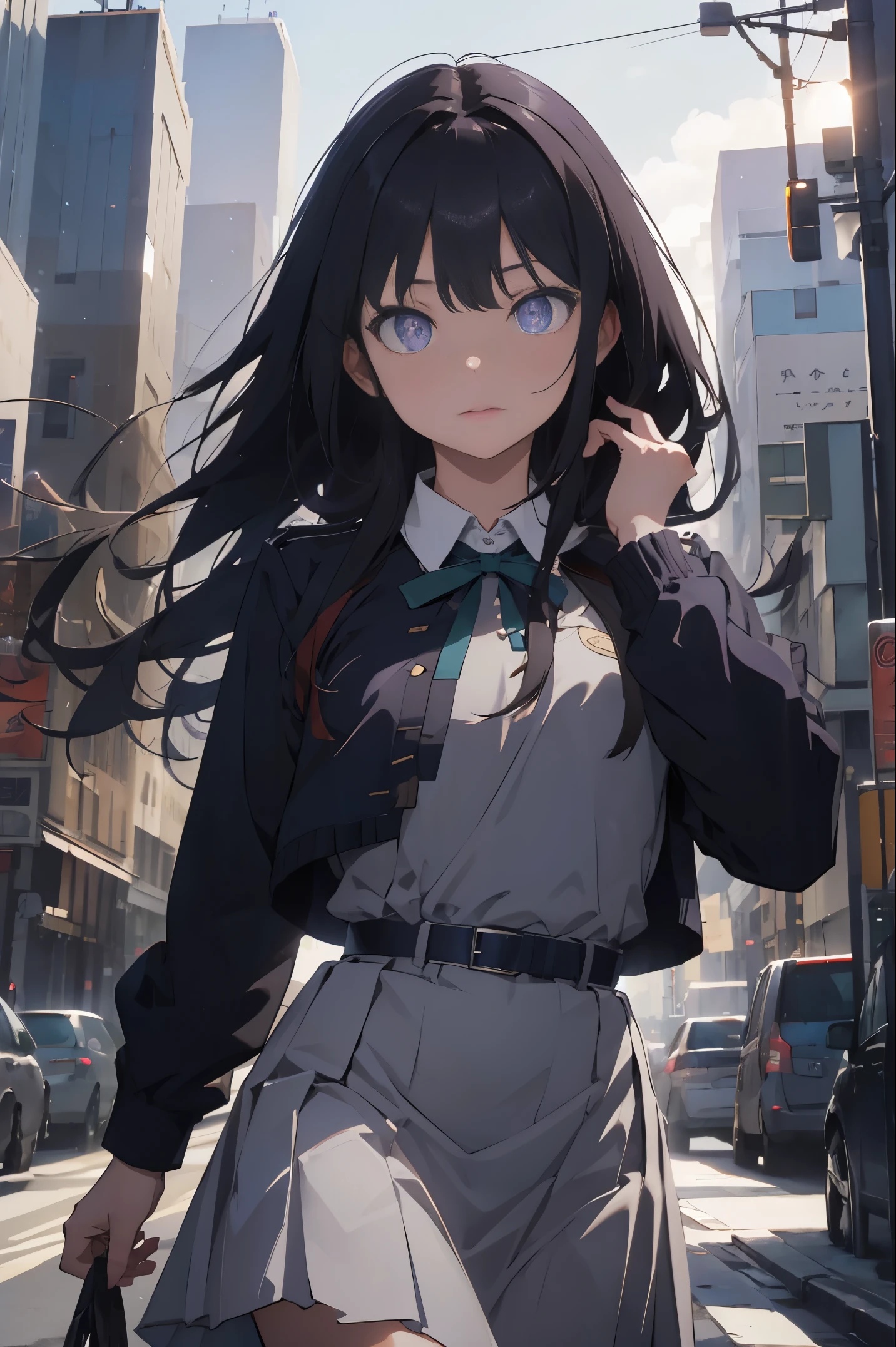 takinainoue, inoue takina, long hair, bangs, black hair, (purple eyes:1.2), BREAK shirt, long sleeves, dress, ribbon, school uniform, white shirt, collared shirt, belt, neck ribbon, blue dress, green ribbon, pleated dress, grey dress, two-tone dress, blue belt, lycoris uniform, BREAK outdoors, city, BREAK (masterpiece:1.2), best quality, high resolution, unity 8k wallpaper, (illustration:0.8), (beautiful detailed eyes:1.6), extremely detailed face, perfect lighting, extremely detailed CG, (perfect hands, perfect anatomy),