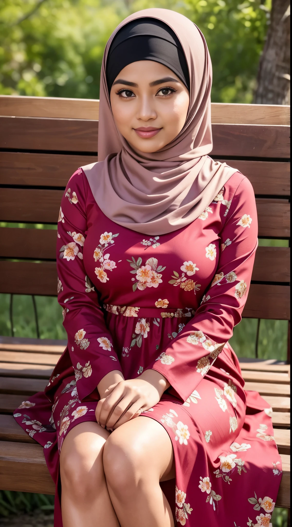 (Close up),RAW, Best quality, high resolution, masterpiece: 1.3), Beautiful Malay woman in hijab,Karya, fit body, big breast,sthick thighs,big beautiful eyes, Soft smile, beautiful face, muslim close up of a woman in a red dress sitting on a wooden bench, wearing a long flowery dress, inspired by Nazmi Ziya Güran, inspired by Naza, wearing pink floral gown, red floral dress, inspired by Mym Tuma, flowery dress, idian dress, inspired by reyna rochin, full covered dress , very beautiful enga style , Great lighting, Bright colors, Clean lines