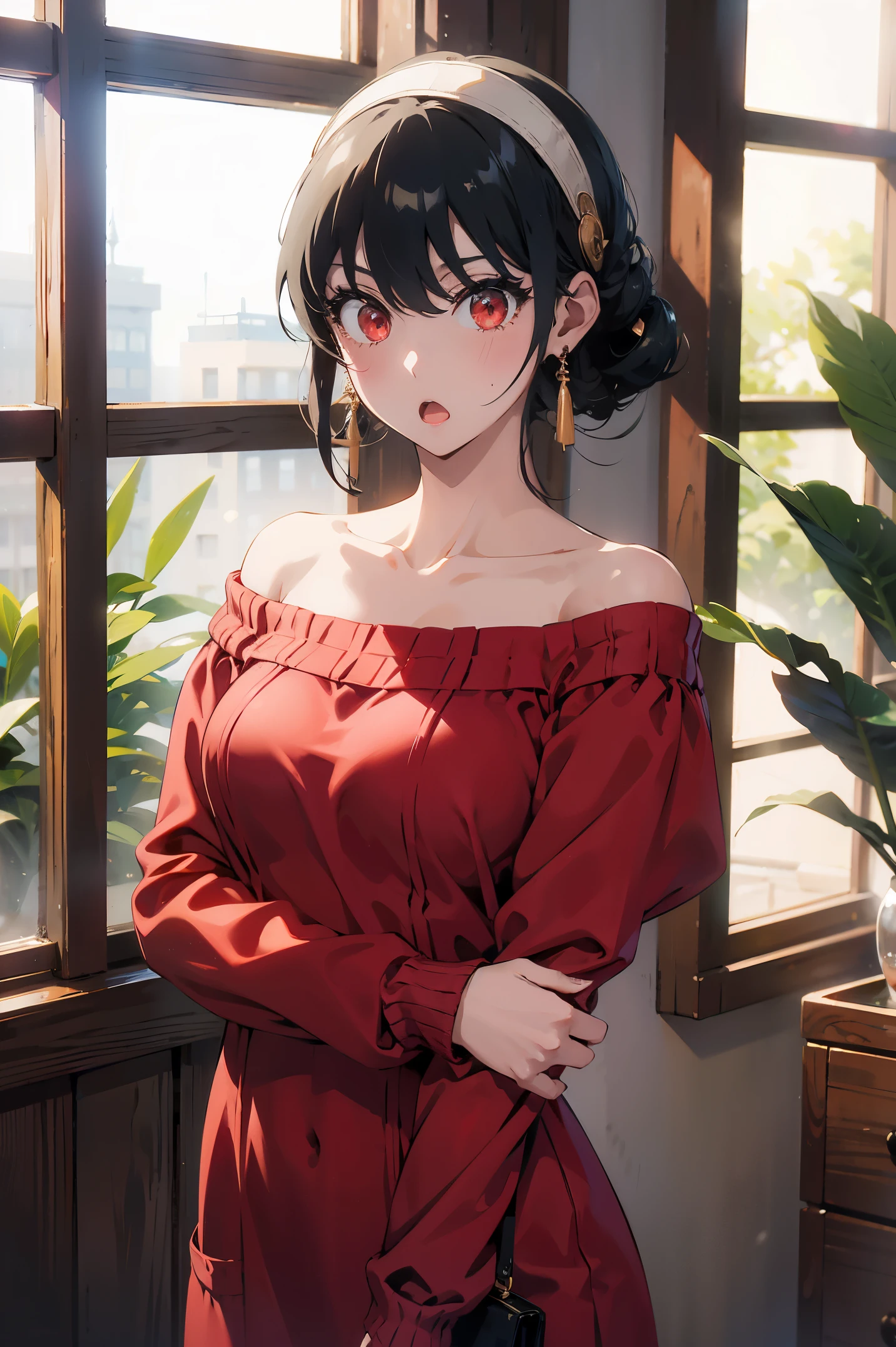 masutepiece, Yor, 1girl in, Solo, Looking at Viewer, Open mouth, Black hair, Red Eyes, Dress, Bare shoulders, Jewelry, 鎖骨, side locks, shairband, earrings, Indoors, off shoulders, :o, Sweaters, arms behind back, plant, short hair with long locks, white hairband, Off shoulder dress, sweater dress, off-the-shoulder sweater, Red Sweater, large side hair, Very long side hair,