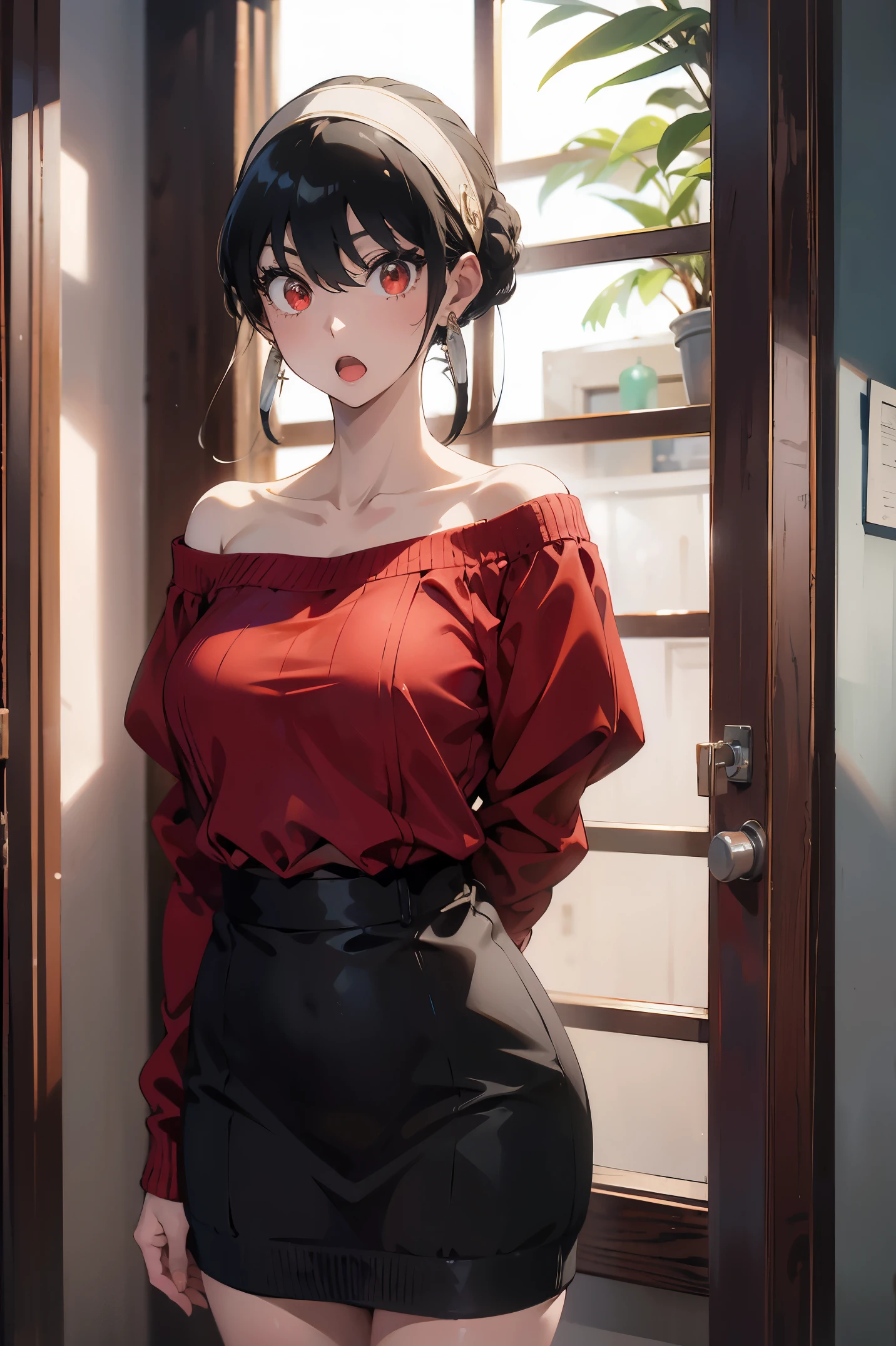 (masterpiece), (best quality), 4k soft lighting, red sweater, off shoulder top, bare shoulder, hands covering mouth, white headband, gold earrings, Standing in bathroom, mature woman, 36 years old, milf, cleavege, extreme blush, drunk, drunken, lea, drunken yor, anime blush, red face, head tilted to side, long sleeve, woozy, tipsy, top down, downblouse, large hips, thick thighs, shocked, wide eyes, mouth open wide, shy, embaraced, medium breasts, thigh gap, no pants, naked legs, round eyes, pulling sweater over crotch, sweater covering crotch, slightly turned, slight side view