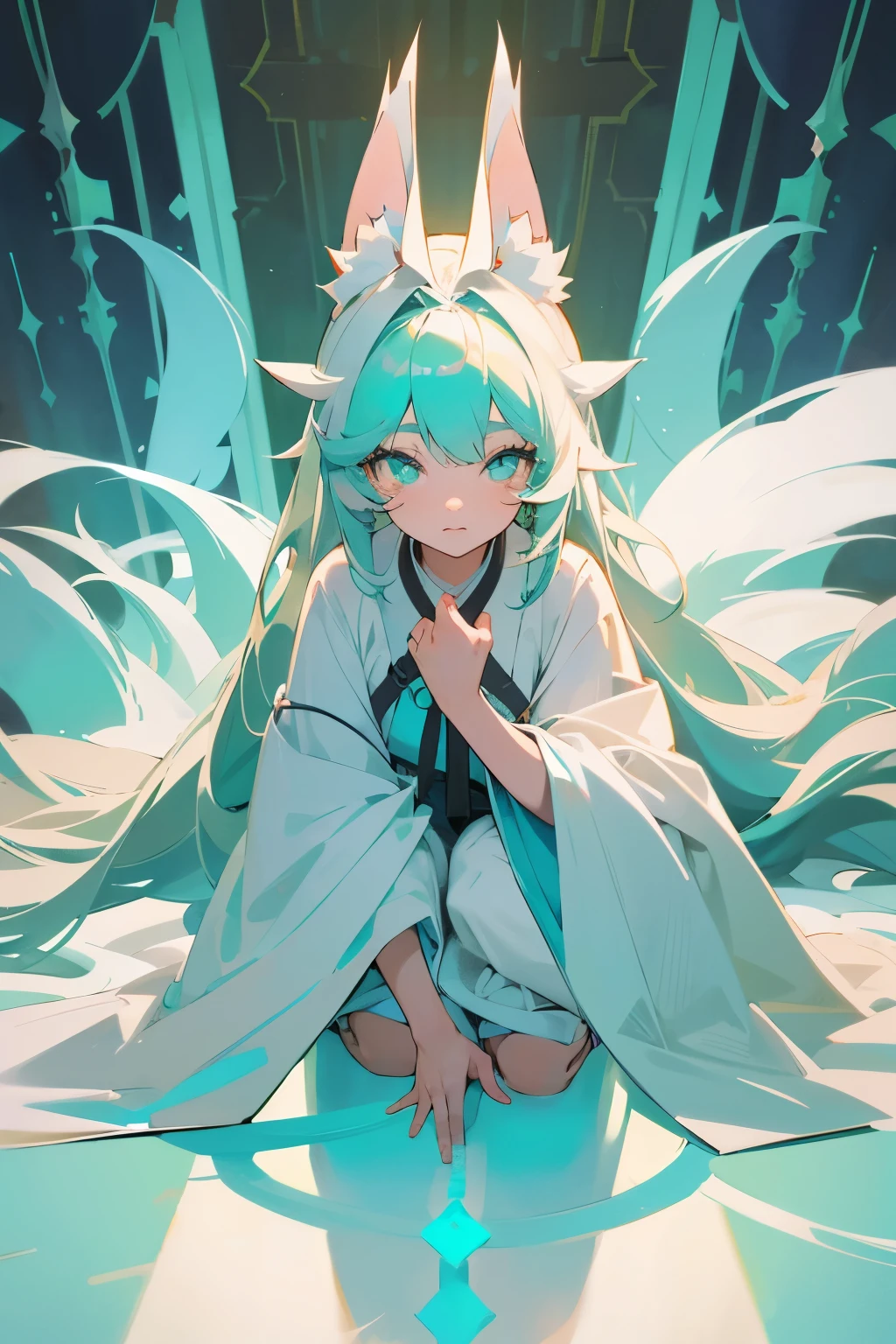 Fox girl,teens girl,Beautiful and delicate cyan eyes,inquisitive,long white robe,Overlooking,frontage,Sit on your knees,long white hair,Green