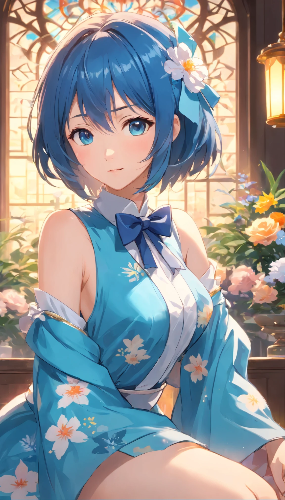 (Pose all over the body:1.5), (Colorful:1.2), dynamic angle, (extremely detailed CG unity 16k wallpaper:1.1), (Denoising intensity: 1.45), (ttmasterpiece:1.37), (beautiful detailed girl), beautiful detailed glow, detailed , beautiful detailed water, (beautiful detailed eyepressionlesloating palaces), Azure hair, ldisheveled hair, with long bangs, hairs between eyes, (sky blue dresslack ribbon, white bowties, diaphragm, {{{Half closed eyes and forehead, Straight eyes, florals, Large upper sleeves, illustratio, god light, 火florals, glowing light, (((tmasterpiece))), Best quality at best