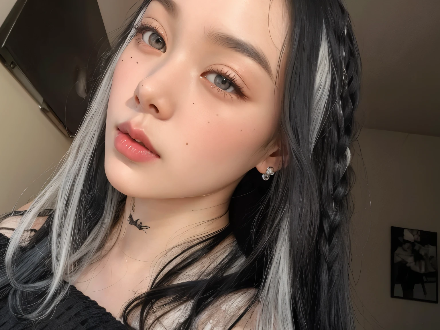 Arafed woman with long black hair and piercings looking at camera., Billie Eilish, cabello blanco y negro, pale - white skin, white pale skin, Ava Max, whitebangsblackhair, 18 years old, reflejos blancos en el cabello, Parece una mezcla de grimes, negro y gris, very white pale skin, portrait of Billie Eilish