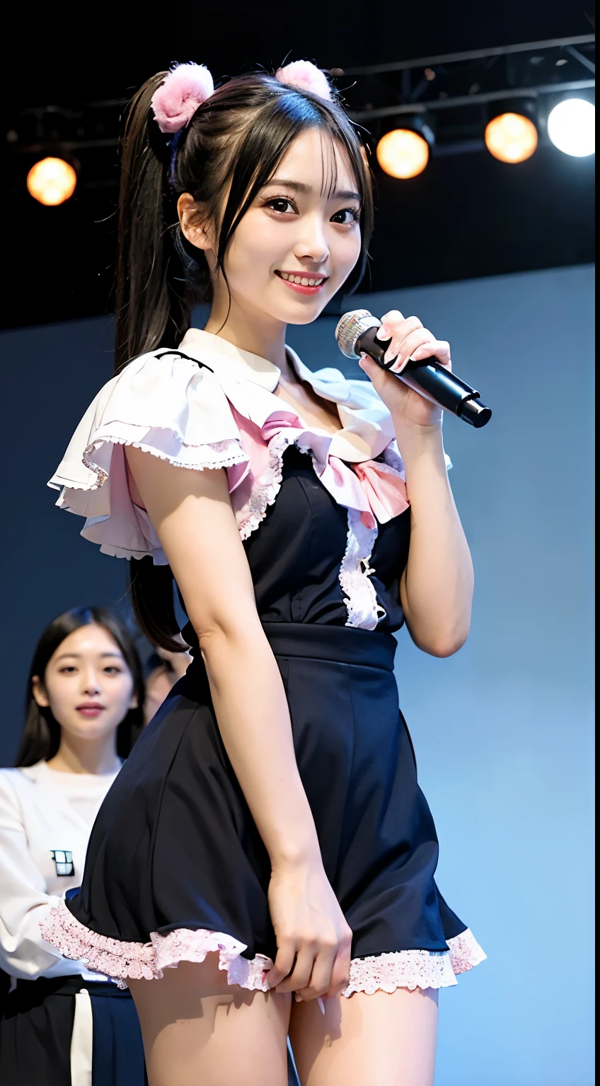 ((masterpiece, best quality)),absurdres, ultra detailed, 1girl, idol, twin tails, black hair, pink eye, blue Pretty Cure costume, holding microphone, on stage,  smile,