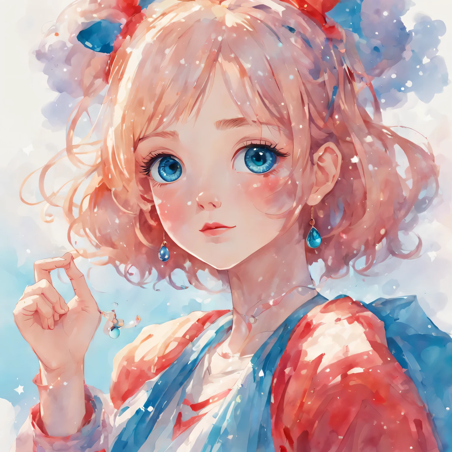 Colorful splashes、Flat style 2D avatar, Cute anime girl, profile、Clean hair ornament, enticing, big gorgeous eyes,　(Detailed eyes, Eyes Like Gems, Sparkling eyes:1.3) , Soft smile, perfect slim fit body、Watercolor ink style rendering， And it looks and feels beautiful,  Soft Color Blending, Mainly calm red and bright blue, Cute short hairstyle, Harajuku fashion is lovingly combined down to the details of the clothes., Expressing femininity and innocence with subtle facial features, 、 Calm and vivid watercolor setting, Digital Vector Graphics，Warmth，masutepiece、topquality、