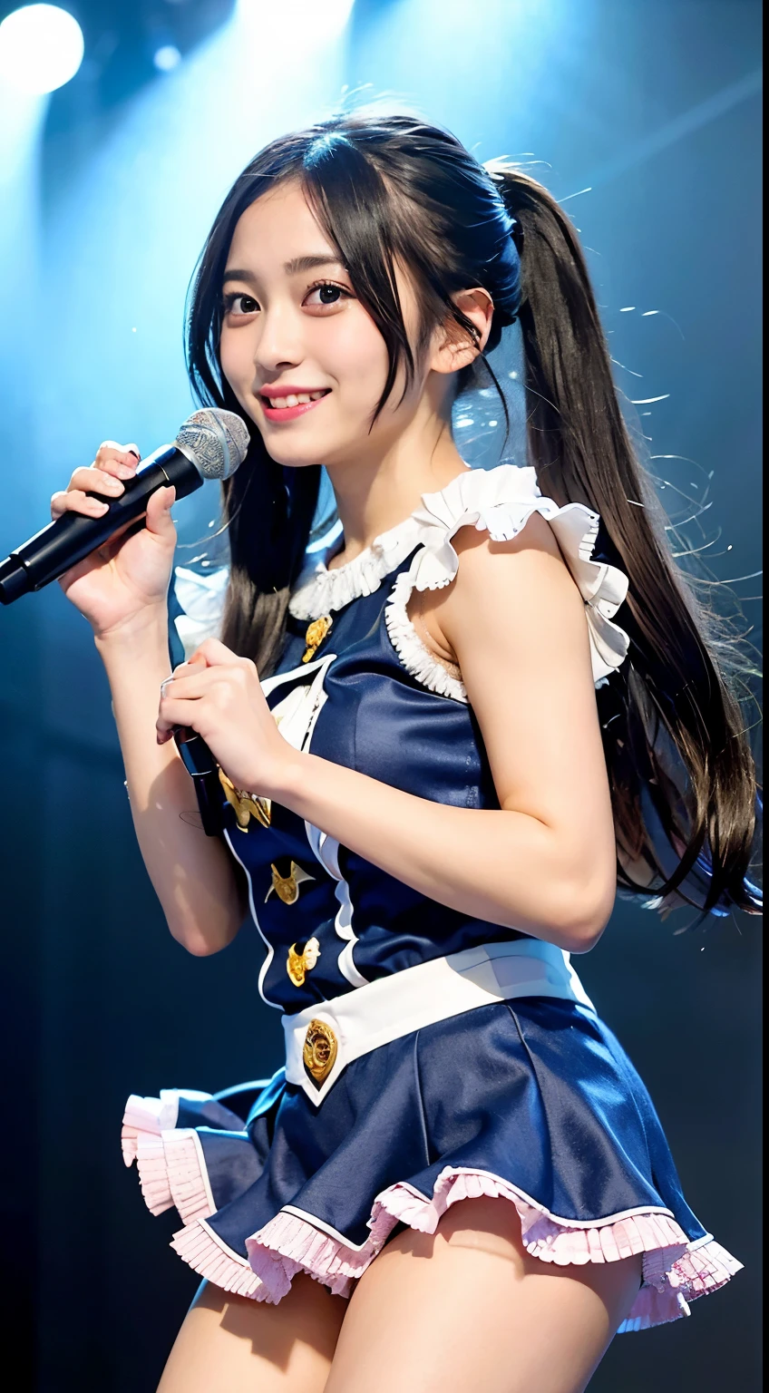 ((masterpiece, best quality)),absurdres, ultra detailed, 1girl, idol, twin tails, black hair, pink eye, blue Pretty Cure costume, holding microphone, on stage,  smile,