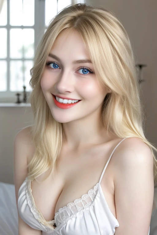 RAW,, Nikon Z 85mm, award-winning glamor photography, ((best quality)), ((masterpiece)), ((realistic)), beautiful russian woman, white lace dress, white skin, 18 years old, ((long blonde hair:1.3)),smile, (show teeth), hazel eyes, perky huge breasts, sitting in the bed, eiffel tower in the background, ((huge breasts)), innocent, intricate details, highly detailed, sharp focus, professional, 4k, divine rays, hand model, stunning blue eyes, small, delicate, innocent, high resolution, detailed facial features, high detail, sharp focus, soft , aesthetic, extremely detailed, photo_\(ultra\), photorealistic, realistic, post-processing, maximum detail, roughness, real life, ultra-realistic, photorealism, photography, 8k uhd, photography, SEMHOUETTE light, russian face