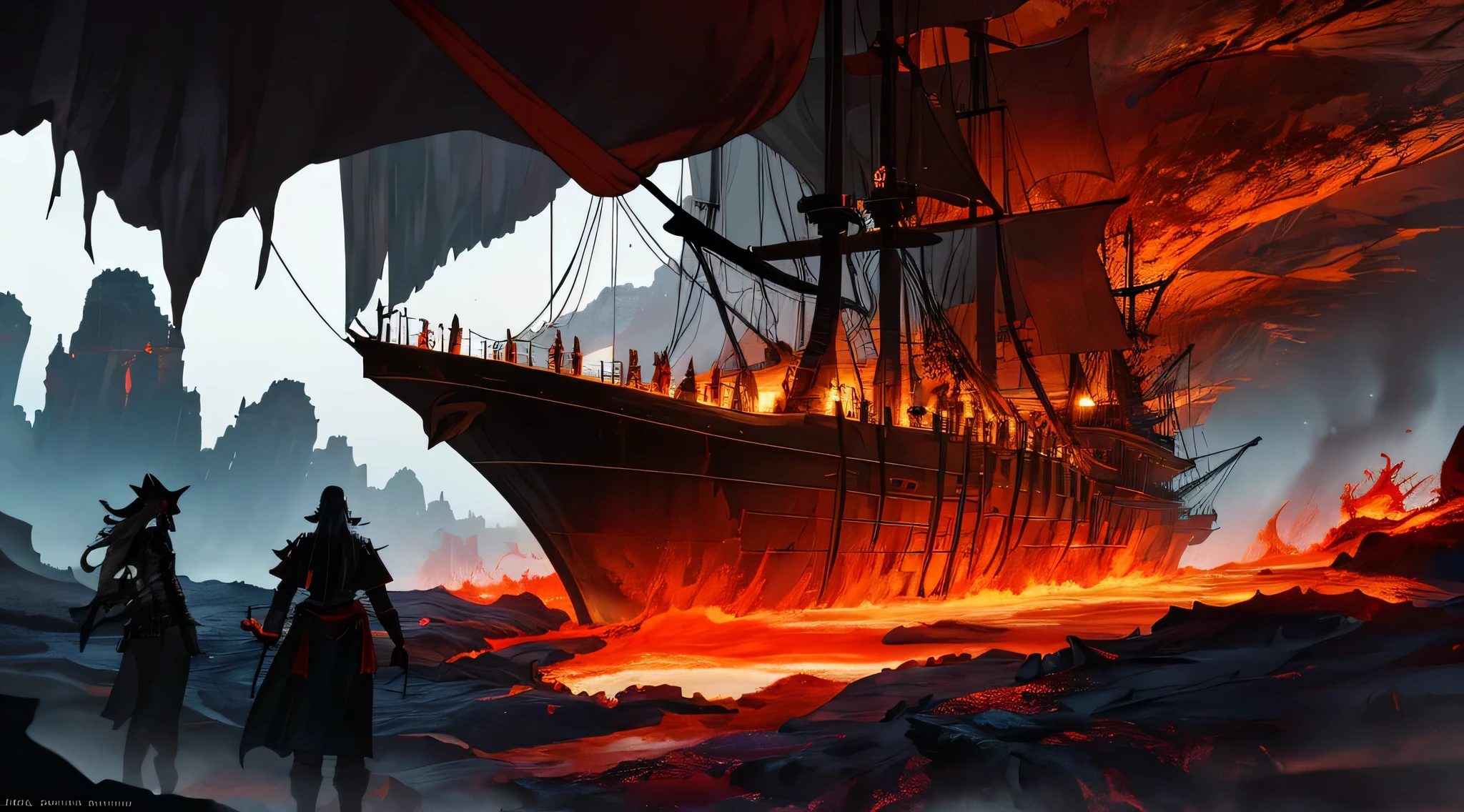 high high quality, 64K Ultra HD, high detal, Red Lava Pirates Expedition, Experience stunning 64K photorealistic wallpapers, A majestic pirate ship sets sail atop the fiery crimson lava of the underground kingdom, Sunny under white clouds,The boat sparkles in the sun, Create a sacred atmosphere in the hidden depths of the earth, Exotic plants and mysterious caves add an otherworldly feel to the scene.