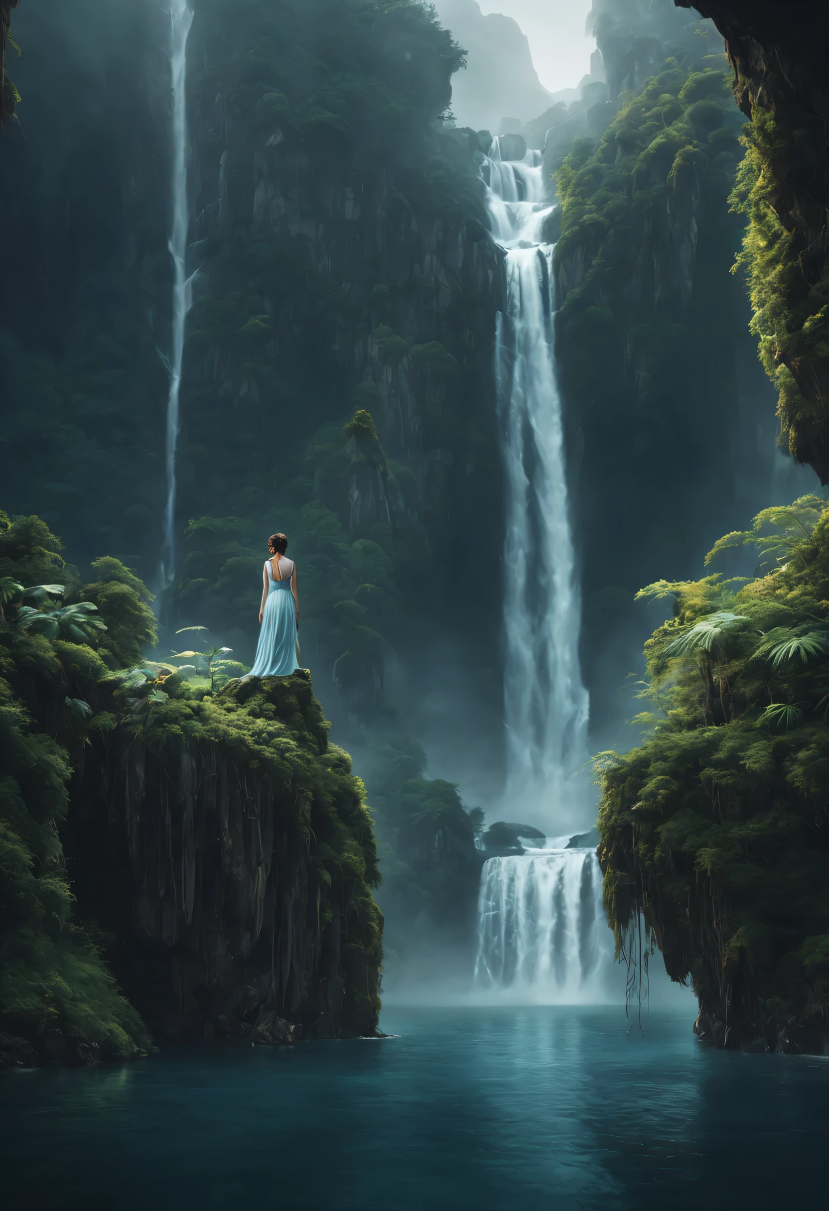 Dreamscape Wanderer: A lone figure explores a surreal landscape of floating islands and cascading waterfalls, their flowing robes billowing in the ethereal breeze. Capture the RAW dreamlike quality of the scene, the delicate details of the flora and fauna, and the sense of wonder and exploration. (Masterpiece, RAW photo, realistic, detailed, best HD detailed, High quality, 32k, Surreal style, fantasy landscape, soft lighting, focus on figure and surroundings)