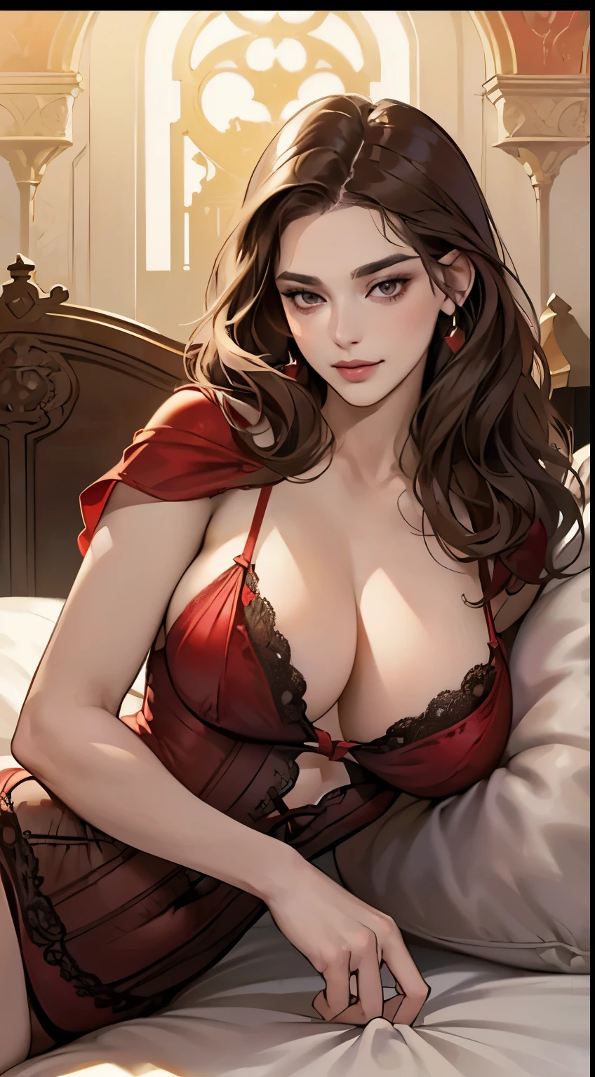 masterpiece, best quality, realistic, one mature female, 25 years old, extremely detailed face, ((brunette eyes)), ((wavy brunette hair), ((medium huge tits medieval red lingerie)), slender, Extremely delicate and elegant face, Sexy and feminine, cinematic lighting, no makeup, glossy lips ((playful queen)), Victorian era, smirk, lust, hot, (whole portrait), (lying on the bed)