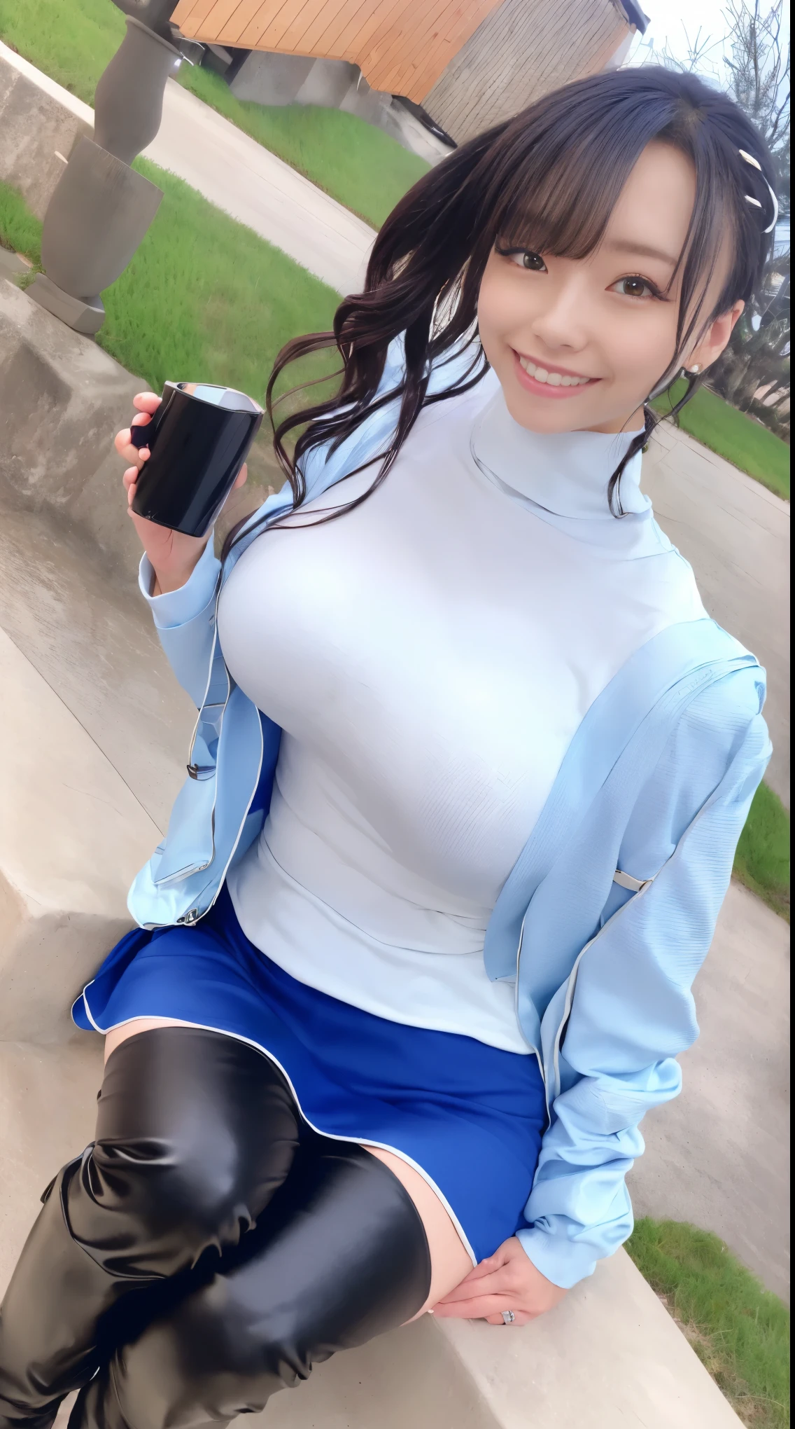 (in 8K、超A high resolution、Best Quality、masuter piece、Photorealsitic、The ultra -The high-definition)、(huge tit、Pretty big breasts、Black turtleneck、Blue down jacket、White micro mini skirt、Sit with your legs wide open to the side、Always panty shots:1.28)(sit on a bench in the snowy mountains:1.1)A Japanese Lady、Cute smile、long boots