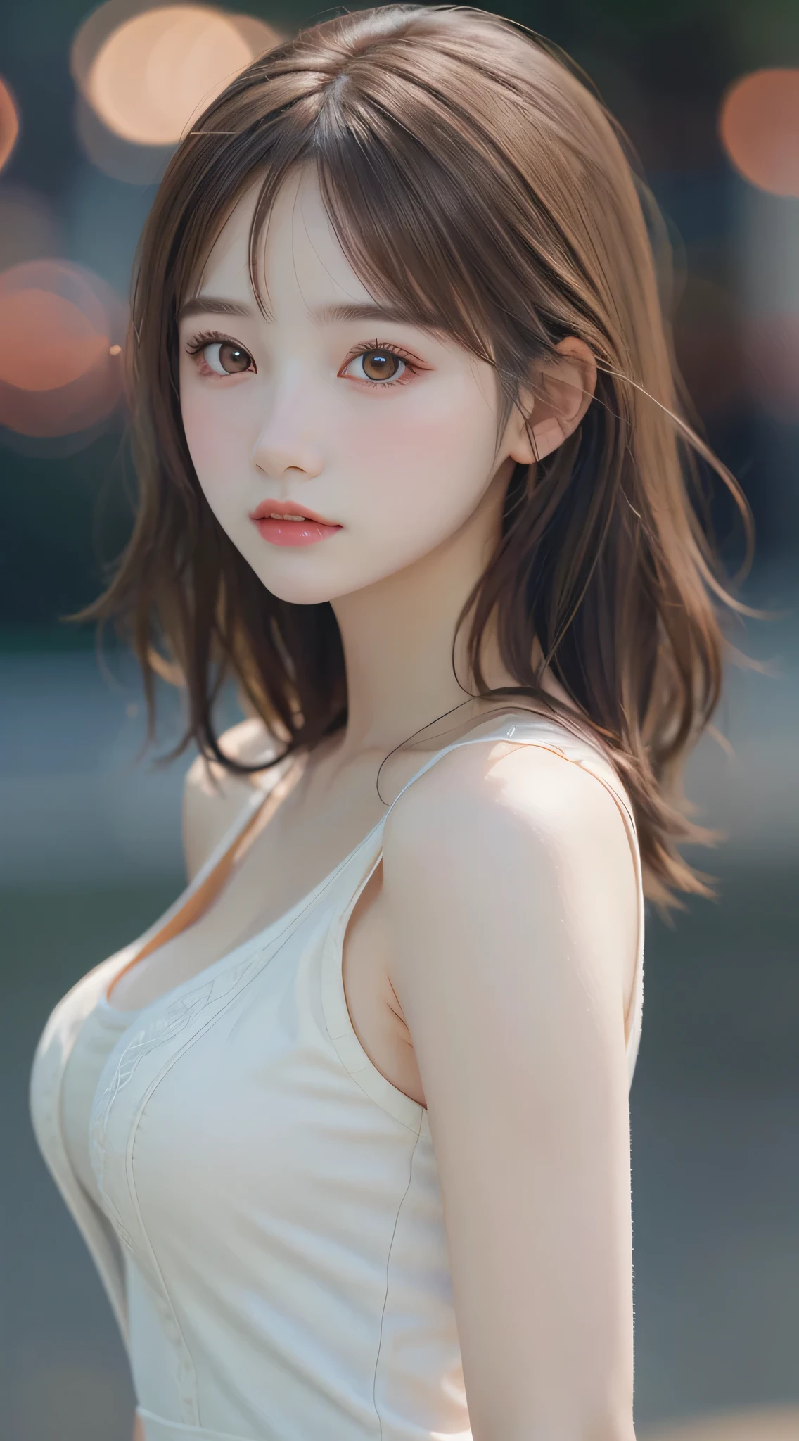 (Best Quality), (Ultra-detailed), (Illustration), (Detailed light), (extremely delicate and beautiful), 1ung girls, Brown hair, Brown eyes, modeled, bare shoulders​、breastsout:1.2), Best Quality, extremely detailed CG unified 8k wallpaper, High-definition color, Professional, (((Bokeh))), depth of fields, Twilight, Sunset,