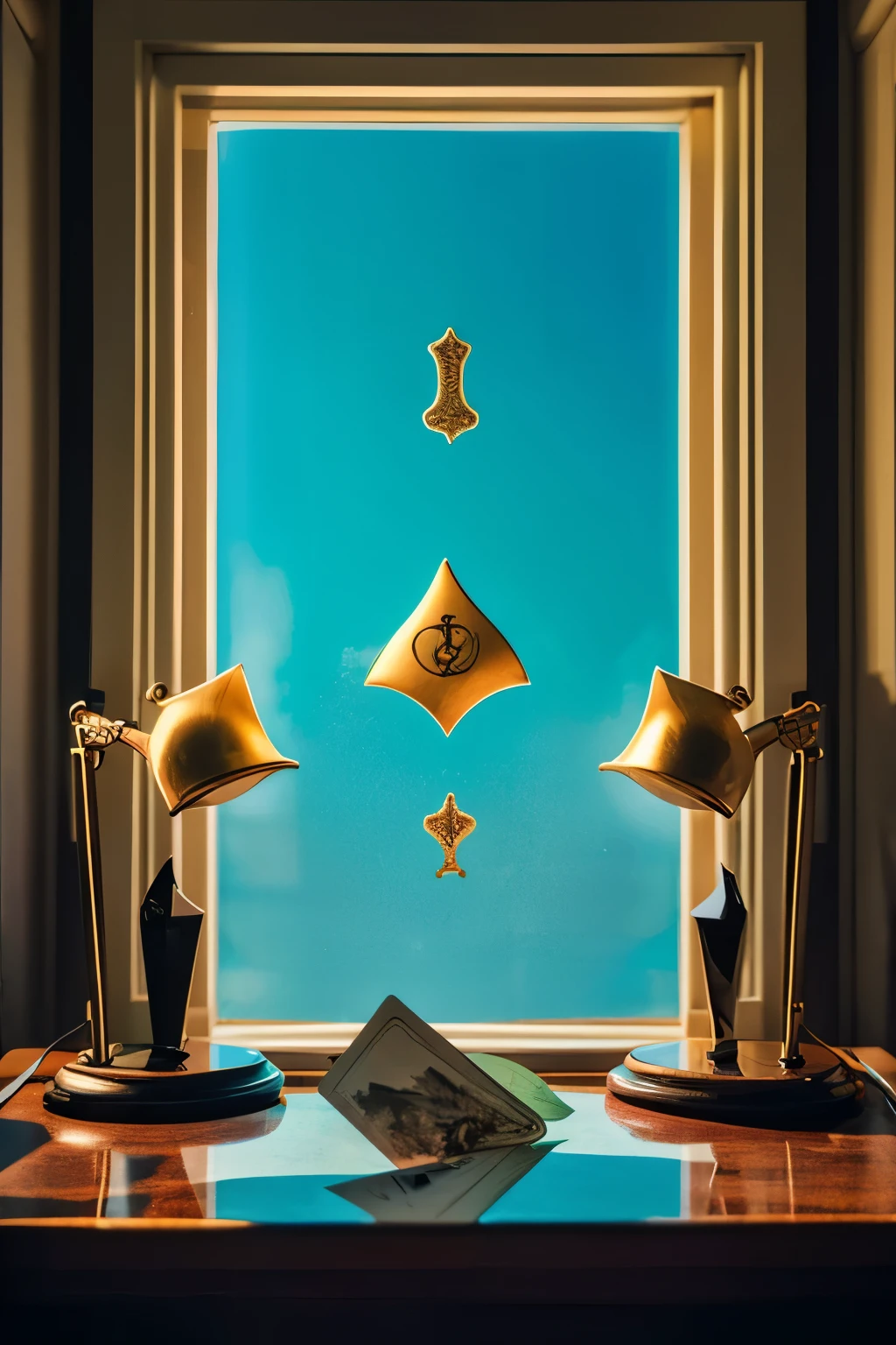"A surreal image of three reversed tarot cards placed on a desk."