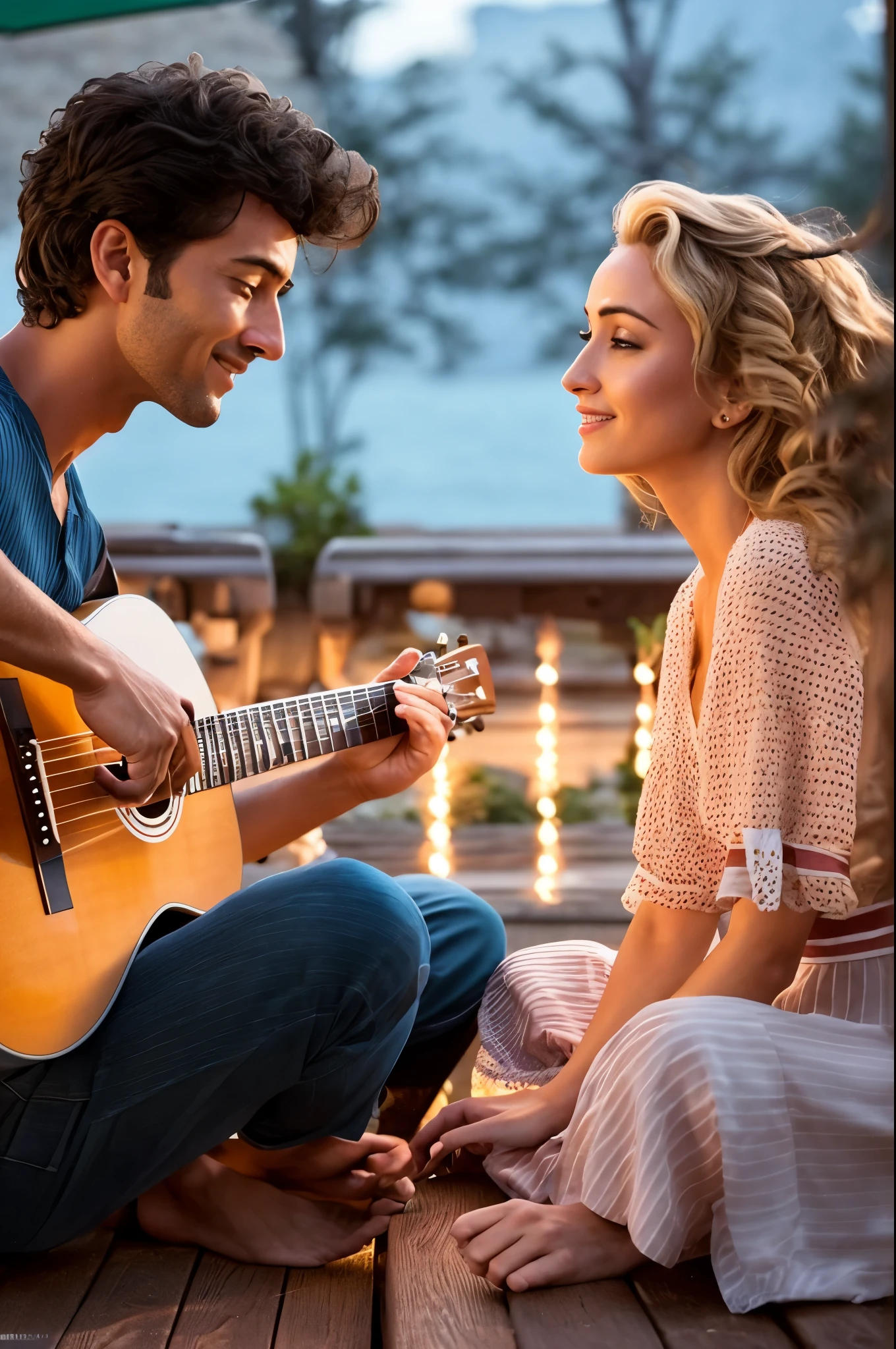araffes a man and a woman sitting on a deck playing guitar, movie promotional image, promotional movie still, fanart, still from the movie, fan art, still from a movie, film still from the movie, still from movie, film promotional still, promotional still, high quality fanart, high quality movie still, high resolution movie still, portrait shot, realistic artwork