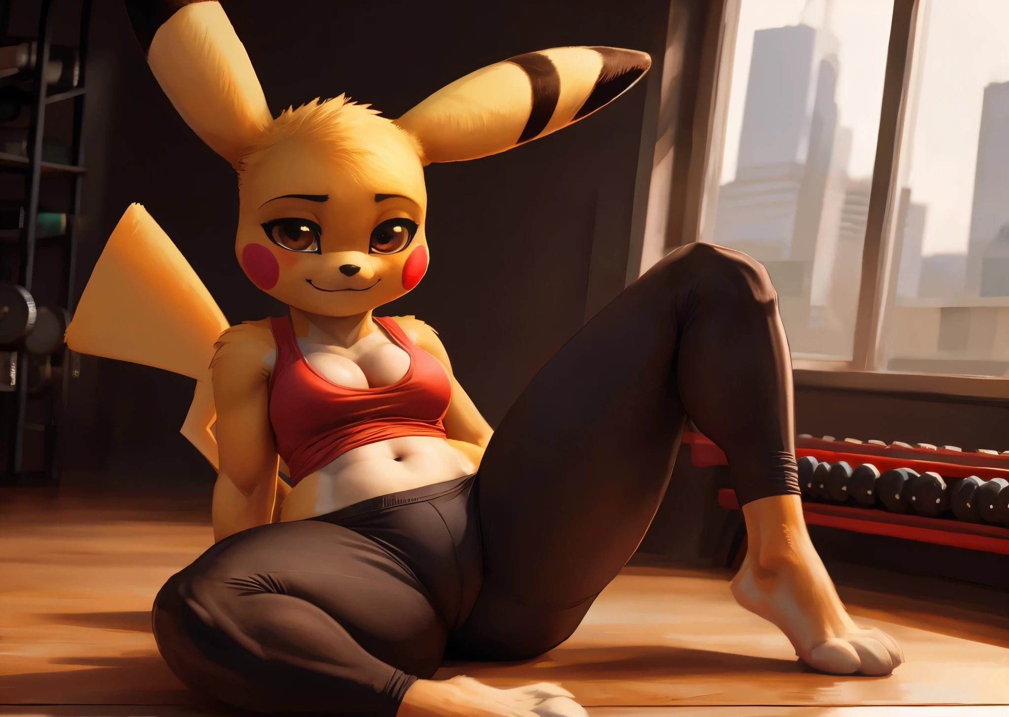 [pikachu], [Uploaded to e621.net; (Pixelsketcher), (napalm_express), (twistedterra), (wamudarws)], ((masterpiece)), ((HD)), ((high res)), ((solo portrait)), ((full body)), ((feet visible)), ((furry; anthro)), ((detailed shading)), ((beautiful render art)), {anthro; yellow fur, black nose, (pointed pikachu ears), (red pikachu cheeks), (female pikachu tail), brown eyes, (medium boobs), (camel toe), (curvy hips), (thick thighs), (beautiful legs), (beautiful feet), (blushing), (smug grin)}, {(orange tank top), (navel), (black yoga pants), (cleavage)}, {(sitting on floor), (legs spread open), (crossed legs), (looking at viewer)}, [Background; (gym), (workout equipment), (window), (blue sky), (sun rays), (ambient lighting)]