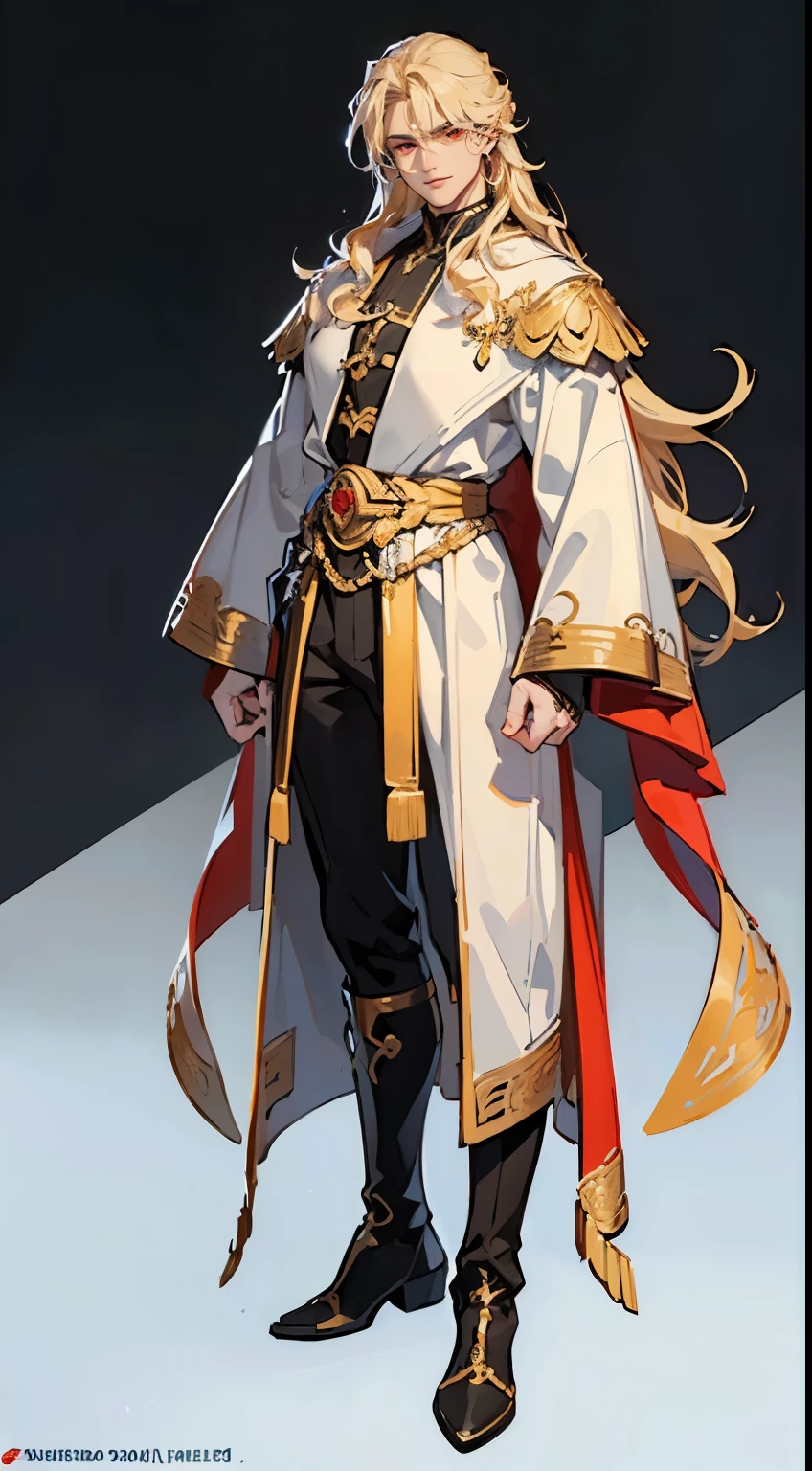 ((masterpiece,best quality,8k,highres)),((character concept art)), 1 male, middle-age man, Night God, 220 cm height, long curly hair, (blonde hair colour), ultra finely detailed eyes (red eyes colour), extraordinary handsome, charming, gorgeous, (gentle smile), extremely body build ((muscular)), ((intricate detail)), super finely detailed hands, ultra finely detailed fingers(((ten fingers))), stylish Night God outfit (black colour outfit), boots, (standing still), (full body showcase), (show full body), (no logos on background), (no logo), ((plain background)), ((plain background)), (((empty background)))