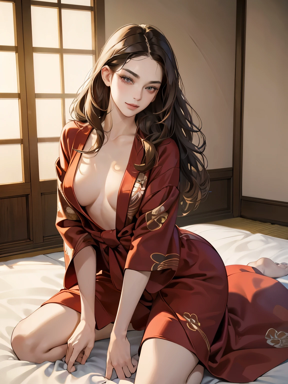 masterpiece, best quality, realistic, one mature female, 25 years old, extremely detailed face, ((brunette eyes)), ((wavy brunette hair Wearing a red yukata, bath robe), slender beautiful body, Extremely delicate and elegant face, Sexy and feminine, cinematic lighting, no makeup, Japanese futon, ((playful face)) smirk, lust, hot, (whole portrait), kneeling, spread legs on the bedroom.