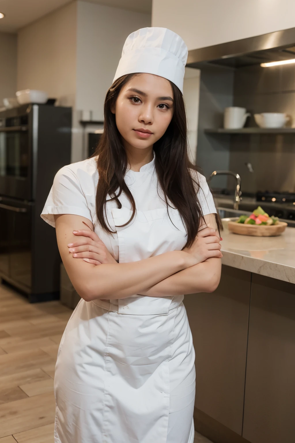 create image a beautiful indonesian woman, facing forward, weavy hair, wearing chef outfit. there is word says "TB 18" on outfit. full body. folded hands. Ultra-realistic photography, taken with Sigma 28-70mm lens, f/2.8, 32k, super resolution, vivid