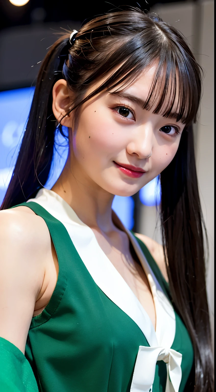((masterpiece, best quality)),absurdres, ultra detailed, 1girl, idol, twin tails, black hair, pink eye, green idol costume, holding microphone, on stage, smile,