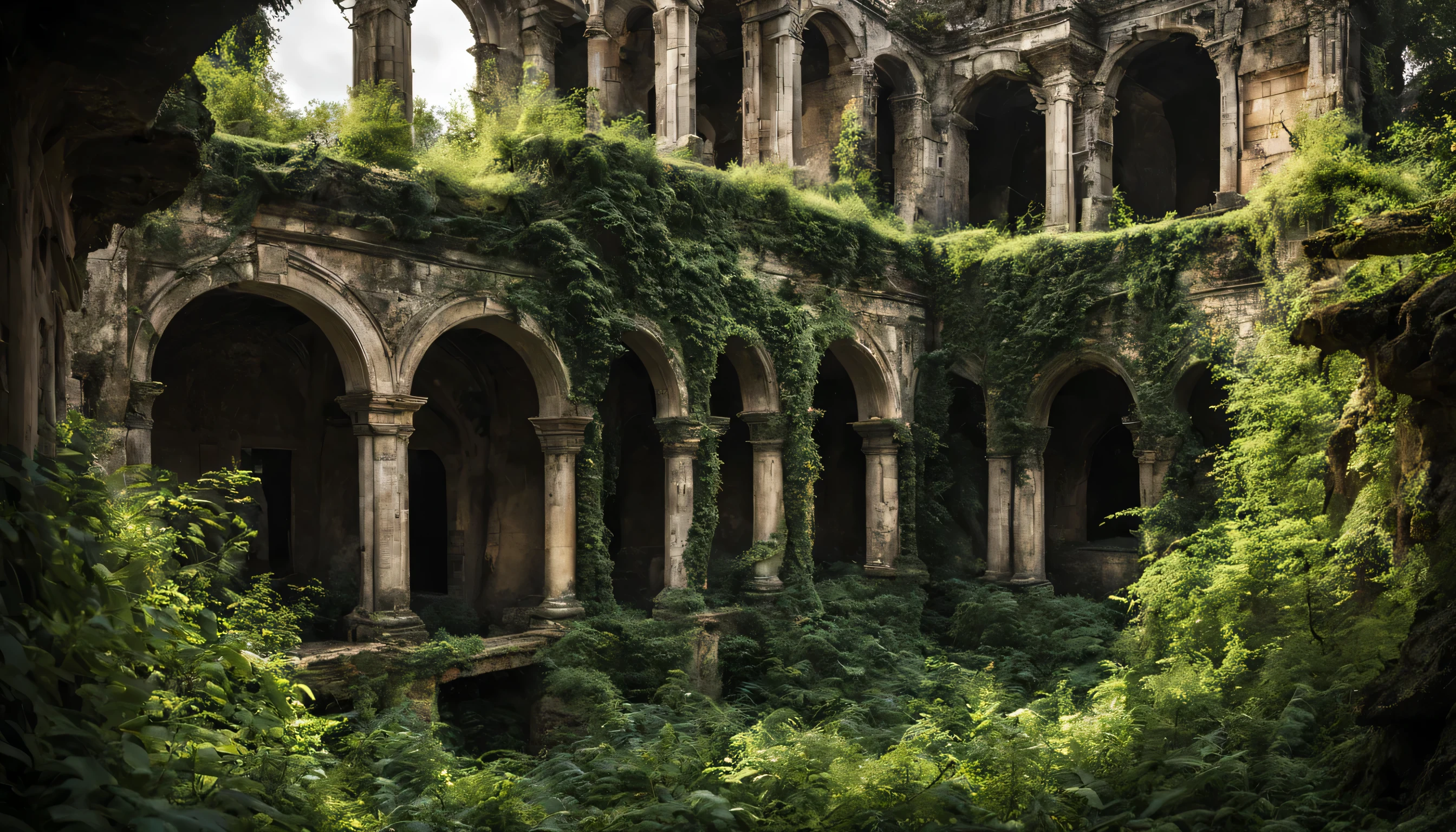 Ancient Ruins Reimagined: A once-grand city, now reclaimed by nature, stands in silent majesty amidst overgrown vines and crumbling stonework. Capture the RAW beauty of decay, the delicate details of the architecture, and the interplay of light and shadow amidst the ruins. (Masterpiece, RAW photo, realistic, detailed, best HD detailed, High quality, 32k, Ruins setting, natural light, overgrown vegetation, focus on architecture and textures)
