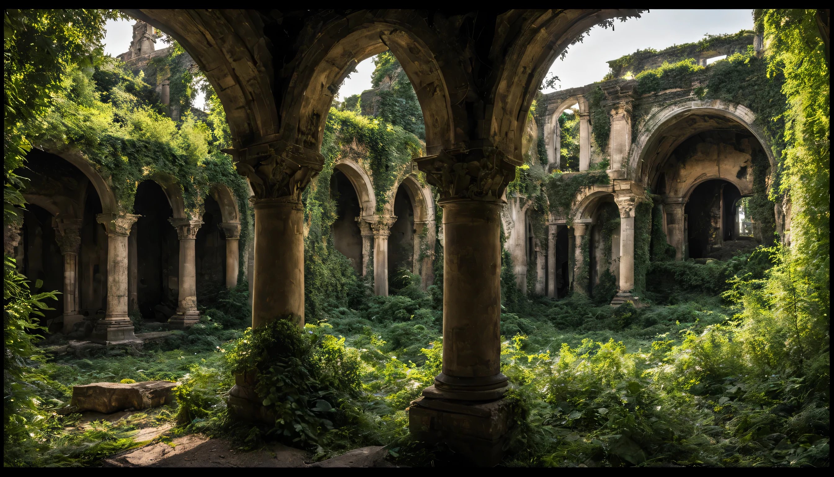 Ancient Ruins Reimagined: A once-grand city, now reclaimed by nature, stands in silent majesty amidst overgrown vines and crumbling stonework. Capture the RAW beauty of decay, the delicate details of the architecture, and the interplay of light and shadow amidst the ruins. (Masterpiece, RAW photo, realistic, detailed, best HD detailed, High quality, 32k, Ruins setting, natural light, overgrown vegetation, focus on architecture and textures)