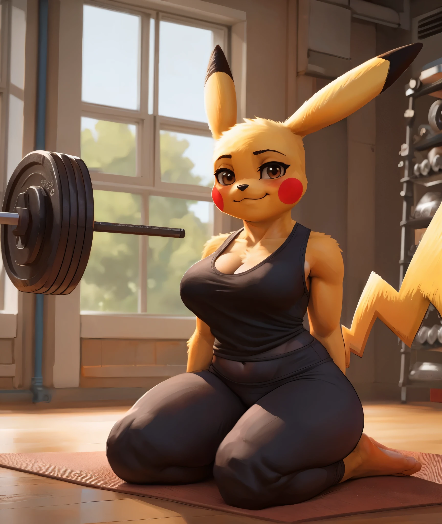 [pikachu], [Uploaded to e621.net; (Pixelsketcher), (napalm_express), (twistedterra), (wamudarws)], ((masterpiece)), ((HD)), ((high res)), ((solo portrait)), ((full body)), ((bird's-eye view)), ((feet visible)), ((furry; anthro)), ((detailed shading)), ((beautiful render art)), {anthro; yellow fur, black nose, (pointed pikachu ears), (red pikachu cheeks), (female pikachu tail), (cute brown eyes), (half-closed eyes), (short eyelashes), (medium boobs), (camel toe), (curvy hips), (thick thighs), (beautiful legs), (beautiful feet), (white fluid on feet), (sweating), (blushing), (pleasured expression)}, {(orange tank top), (cleavage), (navel), (black yoga pants)}, {(on yoga mat), (laying on back), (pleasuring self), (hand over crotch), (covering crotch), (looking down)}, [Background; (gym), (workout equipment), (window), (blue sky), (sun rays), (ambient lighting)]