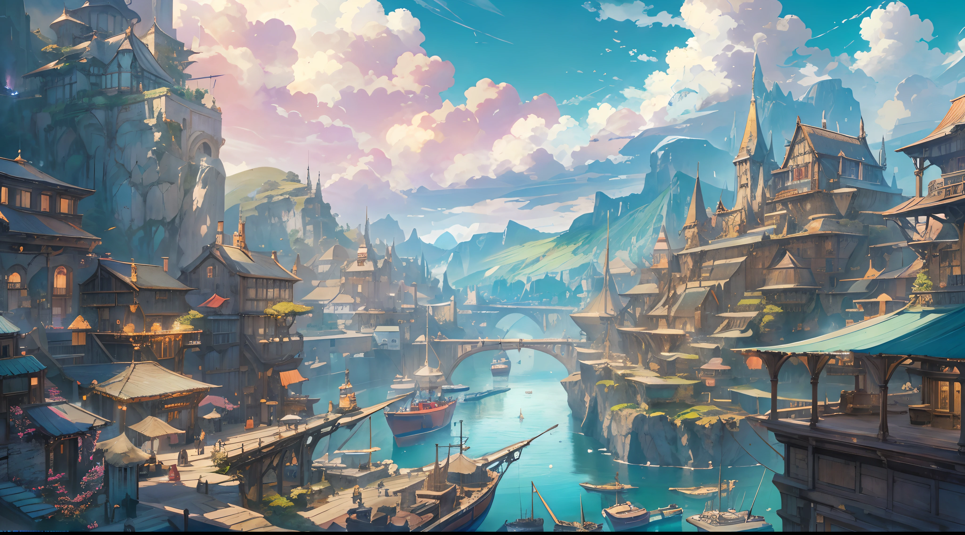 In a fantastic world of clear blue spring skies、the fleet stays at the dock、Other airships paint a scene with several airships flying overhead., The sails waving in the wind and the whitebait on the snowy mountains、Can be seen from a distance during the day, 8K, bright colour, intense bright colors, blue azure sky, white clouds, nffsw, The artwork, Anime style, Final Fantasy, zelda, By Shinkai Makoto, Hayao Miyazaki, nffsw, ighly detailed, super detailed, Crisp, Sharp Image, Best results, ighly detailedで魔法の照明, intricate town details, landscape, Realistic proportions, Highest Quality, masutepiece, plein air, fantastic landscape, flawless architecture, Perfect building, perfect object, ighly detailedなCG, Best Shadow, (Detailed background), High contrast, (Best Illumination, extremely delicate and beautiful), Concept art, key visual, Buzzing pixiv, Caustic, Dynamic Angle, Beautiful detailed glow,