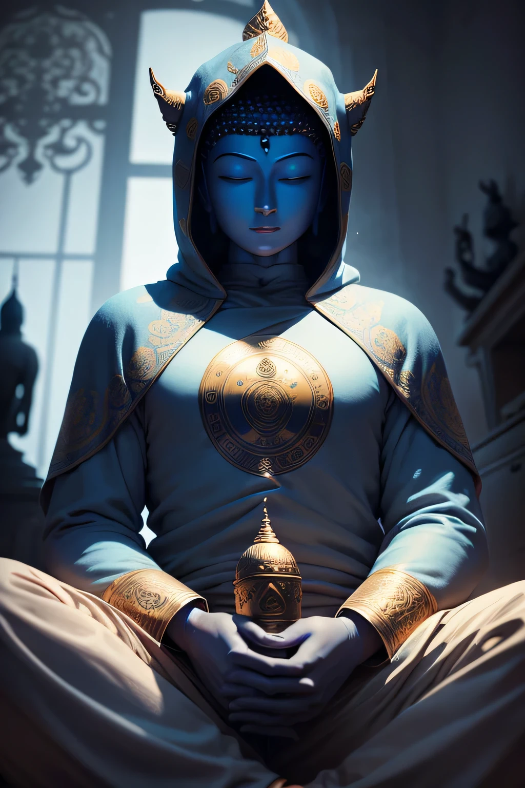 There is a blue Buddha statue facing the front and wearing a hoodie hood,Buddha, the buddha, buddhism, beautiful image,Buddha,Buddha