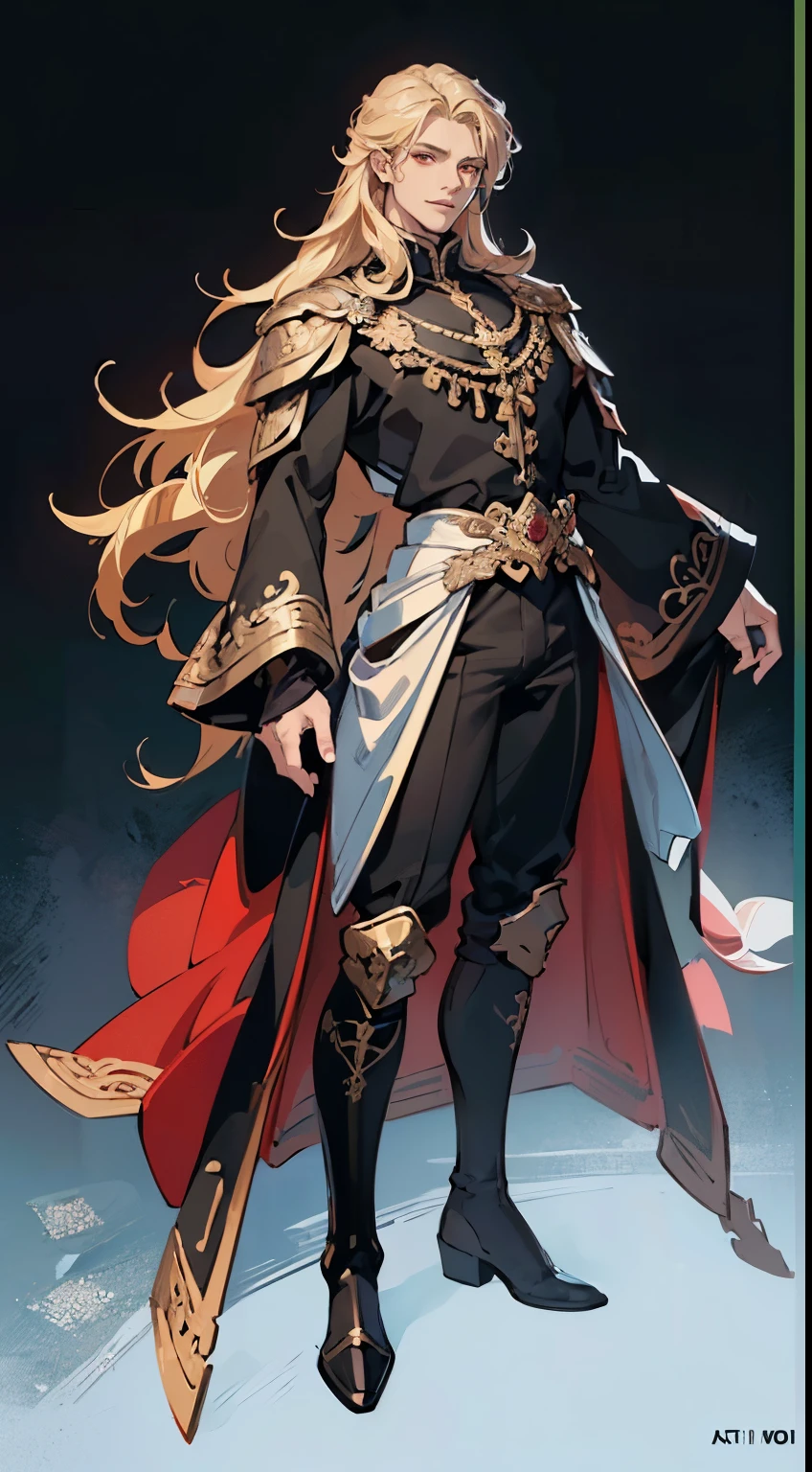 ((masterpiece,best quality,8k,highres)),((character concept art)), 1 male, middle-age man, Night God, 220 cm height, long curly hair, (blonde hair colour), ultra finely detailed eyes (red eyes colour), extraordinary handsome, charming, gorgeous, (gentle smile), extremely body build ((muscular)), ((intricate detail)), super finely detailed hands, ultra finely detailed fingers(((ten fingers))), stylish Night God outfit (black colour outfit), boots, (standing still), (full body showcase), (show full body), (no logos on background), (no logo), ((plain background)), ((plain background)), (((empty background)))