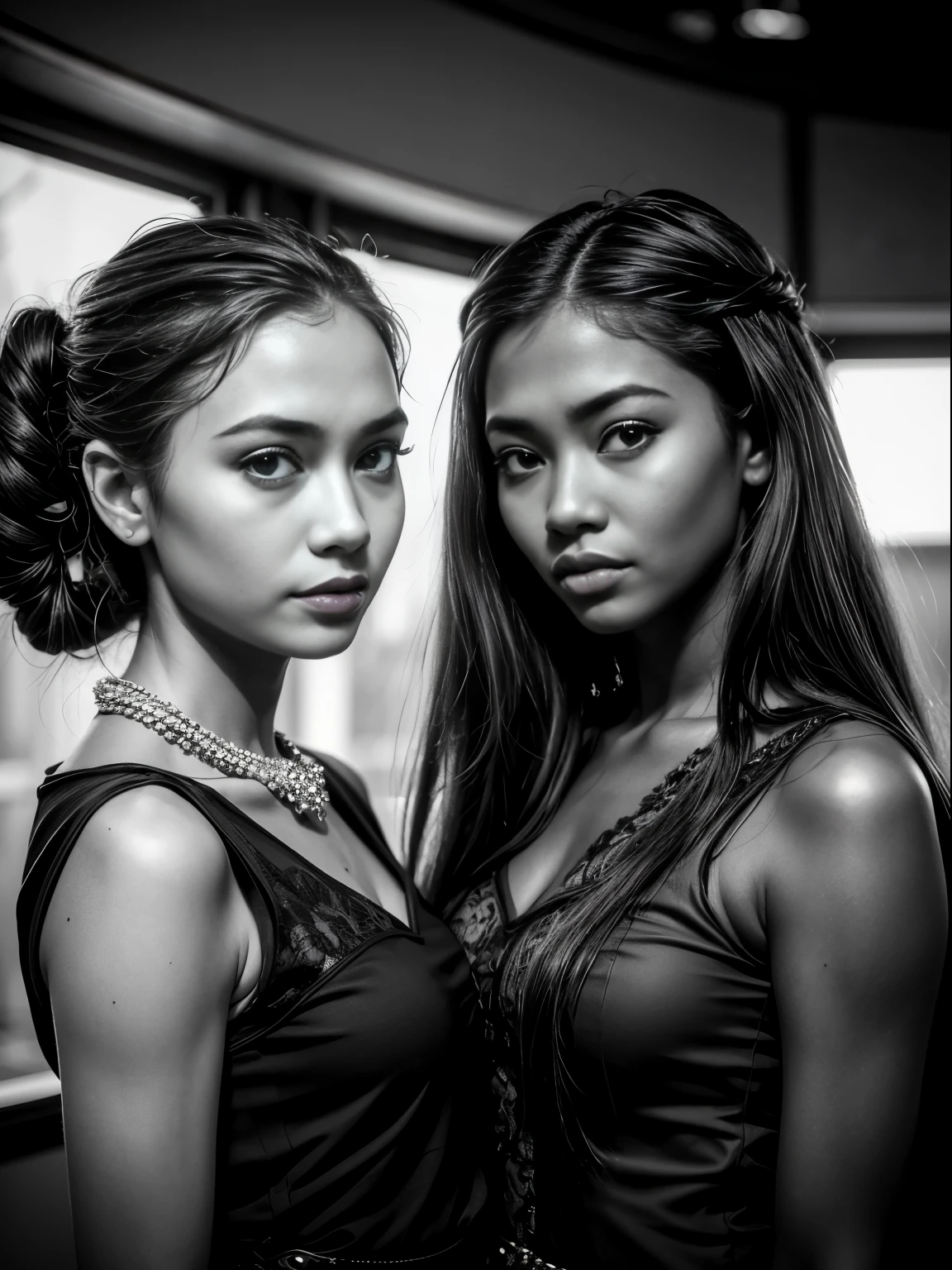 2 young females of 20 years happily looking at the camera wearing javanese kebaya, One of them is fair skin European with long blonde hair, the other is dark skin javanese indigenous with black top bun, close up portrait, perfect composition, 8 k artistic photography, arte conceitual fotorrealista, Chiaroscuro, ????, monochrome, grayscale, cinematic movie photograph, Nikon D3100 | ISO 450 Certification | focal length 70 mm (Sigma 50mm f1 | | | | | | |.5) | abertura f/4 | exposure time 1/ (Dri)