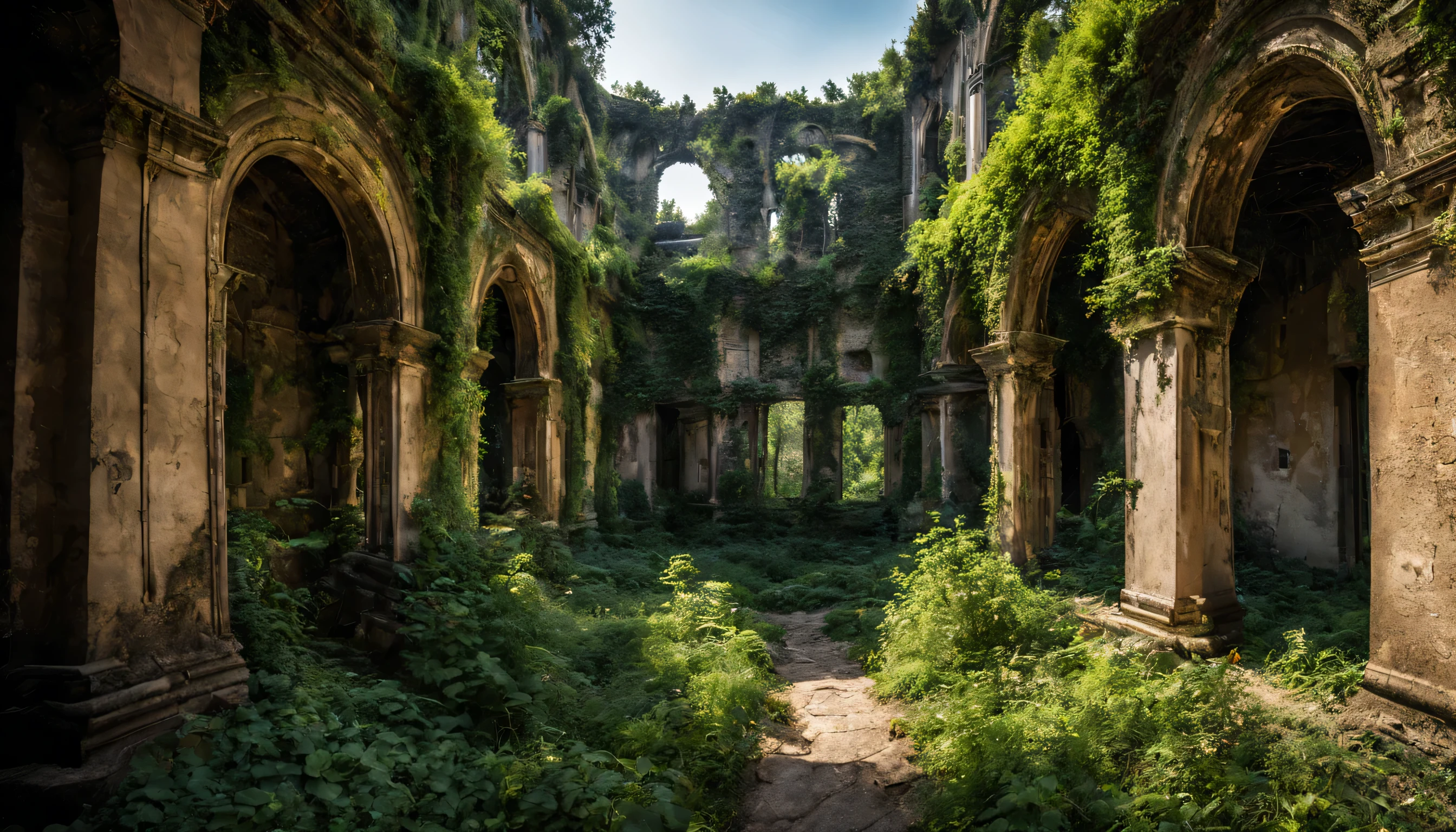 Ancient Ruins Reimagined: A once-grand city, now reclaimed by nature, stands in silent majesty amidst overgrown vines and crumbling stonework. Capture the RAW beauty of decay, the delicate details of the architecture, and the interplay of light and shadow amidst the ruins. (Masterpiece, RAW photo, realistic, detailed, best HD detailed, High quality, 32k, Ruins setting, natural light, overgrown vegetation, focus on architecture and textures)