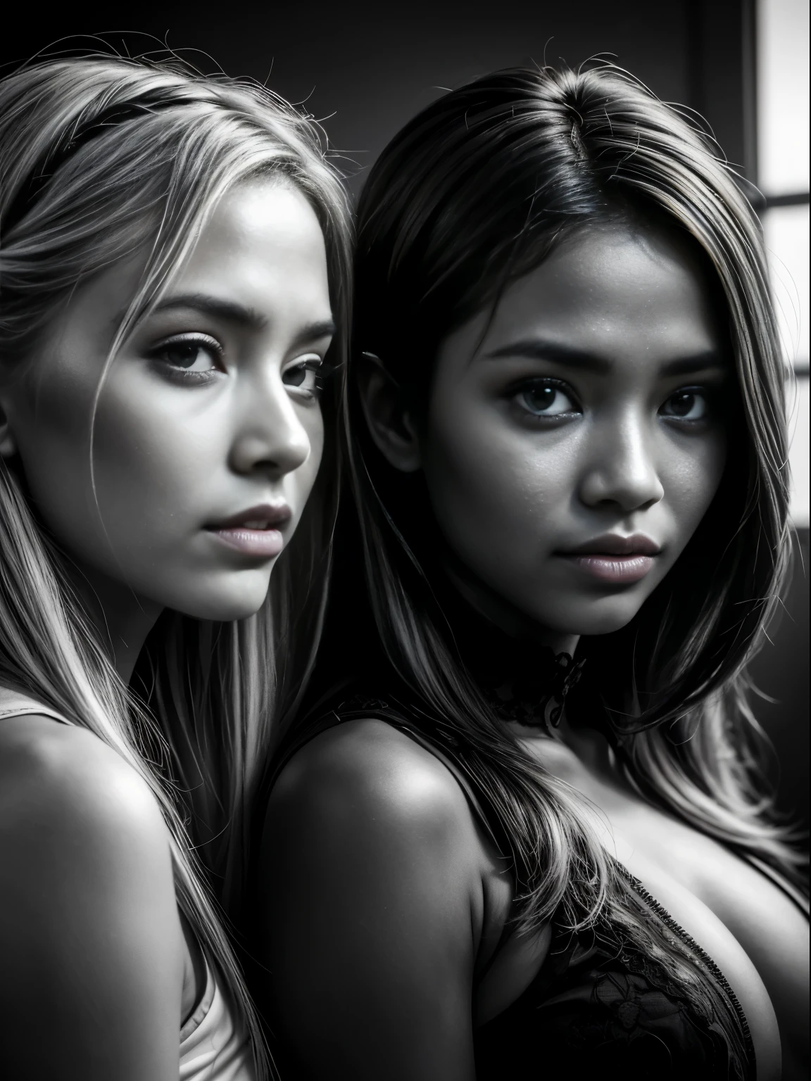2 young females of 20 years happily looking at the camera wearing kebaya, One of them is fair skin European with long blonde hair, the other is dark skin malay indigenous with black top bun, close up portrait, perfect composition, 8 k artistic photography, arte conceitual fotorrealista, Chiaroscuro, noir, monochrome, grayscale, cinematic movie photograph, Nikon D3100 | ISO 450 Certification | focal length 70 mm (Sigma 50mm f1 | | | | | | |.5) | abertura f/4 | exposure time 1/ (Dri)