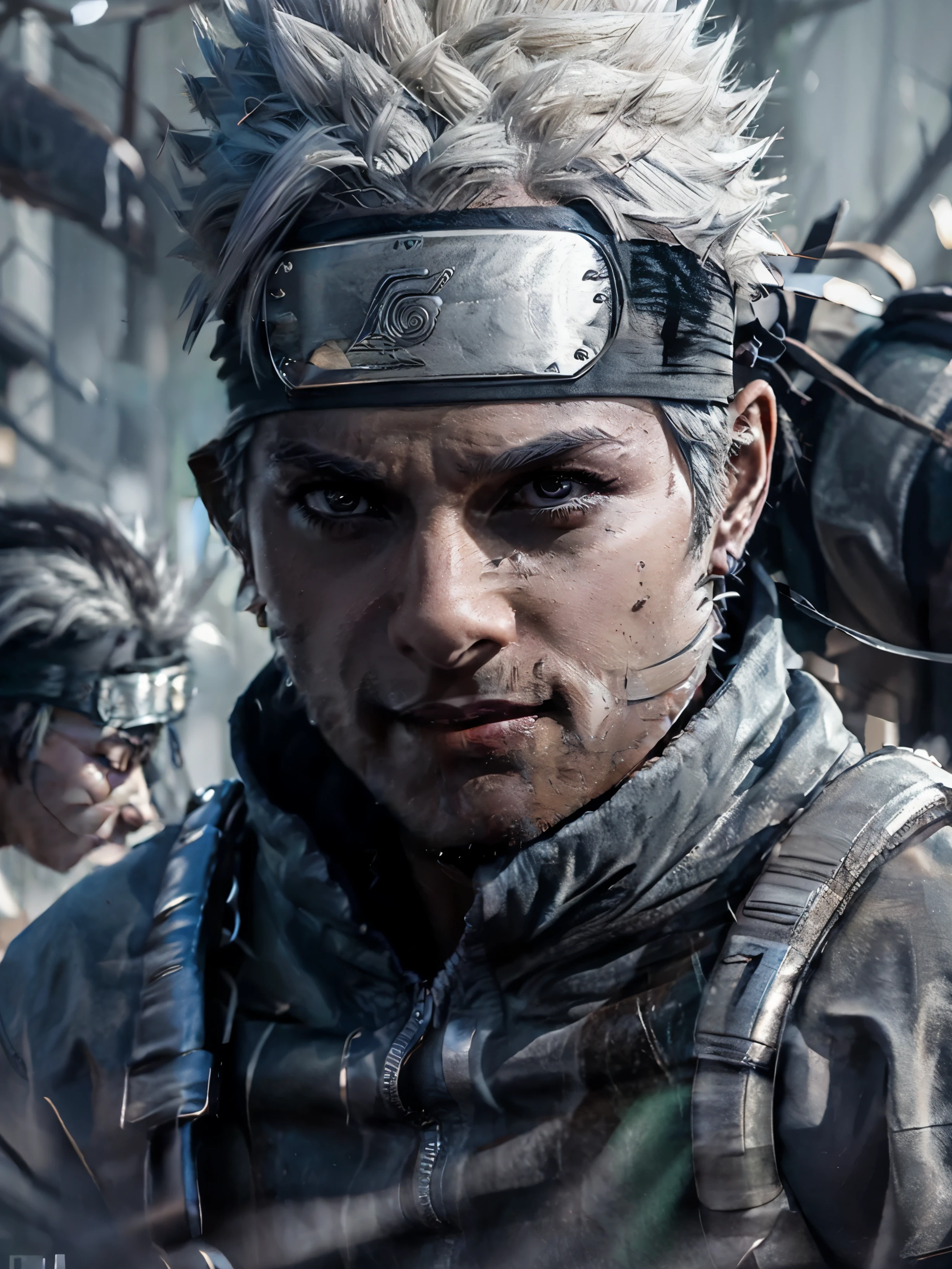 nikon 400, re sharp, 8k, UHD, hyperrealistic handsome 30 year old man, perfect anatomy, Kakashi Hatake, perfect face, high definition, friendly light grey eyes, gorgeous man, Kakashi looking, mid-length spiky silver hair, spiked up hair in front, hair oriented to left side, chiseled features, raw photo, correct body