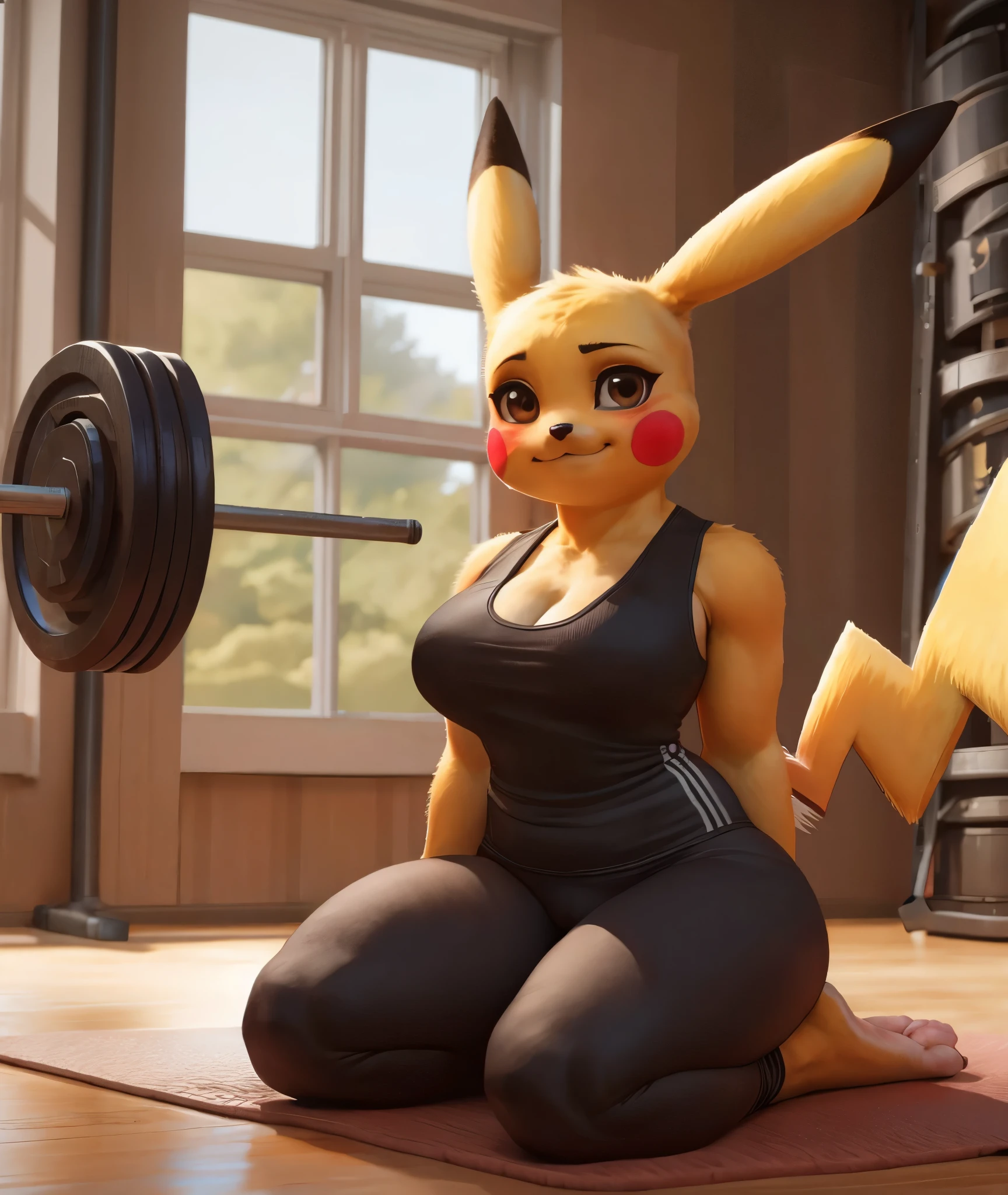 [pikachu], [Uploaded to e621.net; (Pixelsketcher), (napalm_express), (twistedterra), (wamudarws)], ((masterpiece)), ((HD)), ((high res)), ((solo portrait)), ((full body)), ((feet visible)), ((furry; anthro)), ((detailed shading)), ((beautiful render art)), {anthro; yellow fur, black nose, (pointed pikachu ears), (red pikachu cheeks), (female pikachu tail), brown eyes, (medium boobs), (camel toe), (curvy hips), (thick thighs), (beautiful legs), (beautiful feet), (blushing), (smug grin)}, {(orange tank top), (cleavage), (navel), (black yoga pants), (black socks on feet)}, {(sitting on floor), (kneeling), (looking at viewer)}, [Background; (gym), (workout equipment), (window), (blue sky), (sun rays), (ambient lighting)]