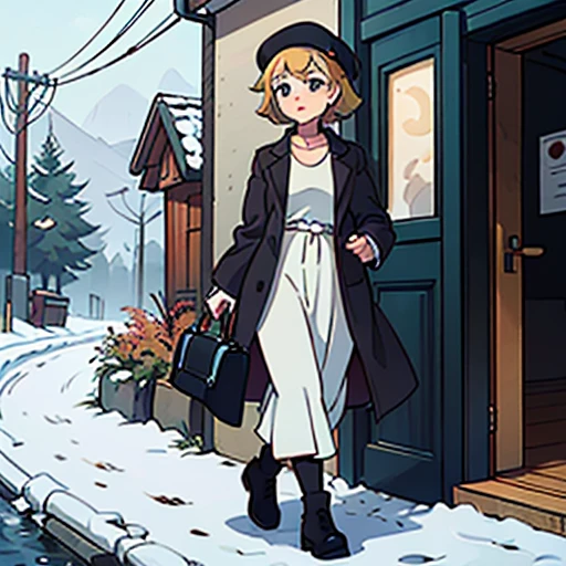 Young short finnish girl, blonde short hair, brown eyes, brown cross bag, long grey winter coat, long skirt, black winter boots, british style beret, traveling alone walking, winter forrest