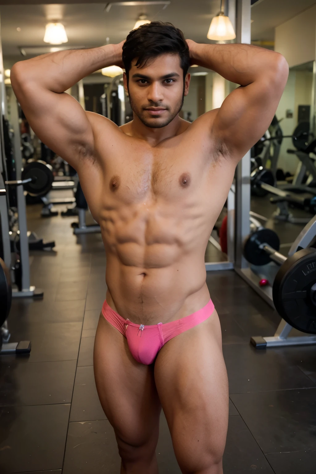 Desi male bodybuilder posing in the gym wearing a pink thong. Oiled body. Dark skin. Hairy armpits. Barefoot. Tattooed.