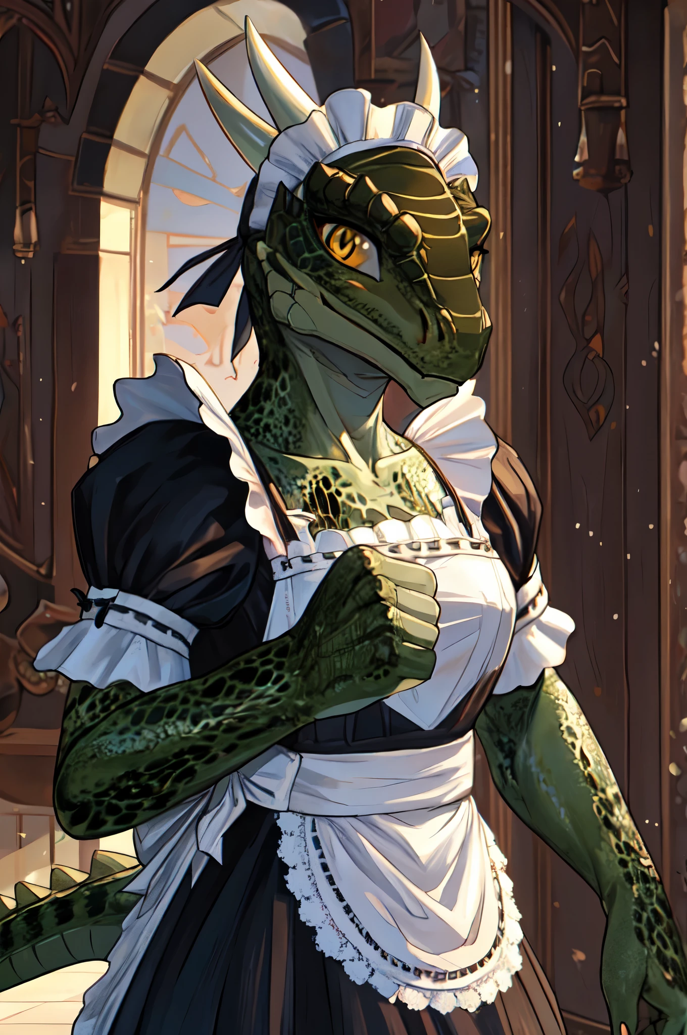 nj5furry,furry,anthro,solo,masterpiece,high detail,best shadow,8K,lustyargonian,scales,yellow eyes,lizard furry,argonian,maid clothing,blush