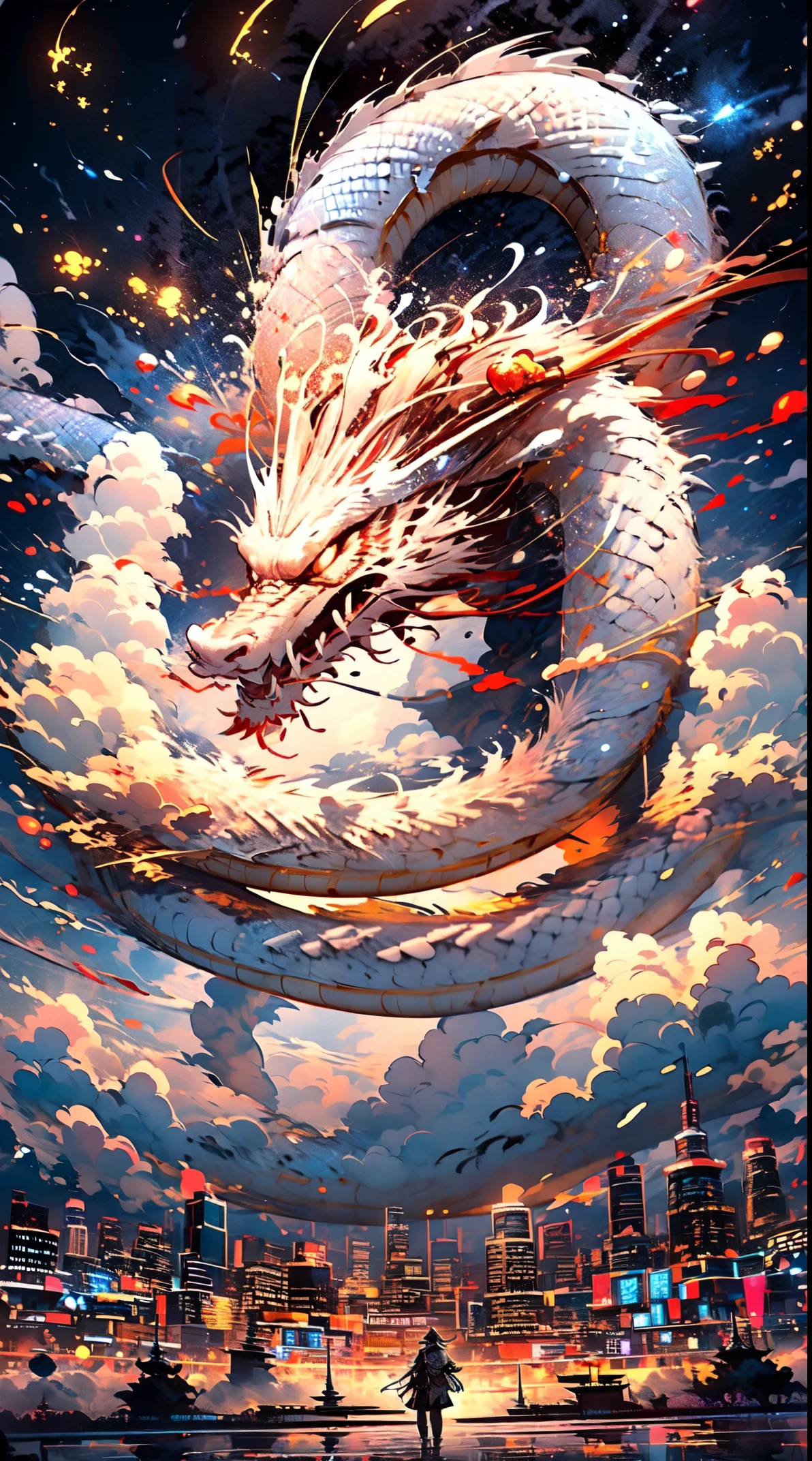 masterpiece,8K high-definition,A golden red mechanical Chinese dragon flies in the air,The dragon head faces the audience,A dragon warrior faces the dragon in the center,一條金紅色機械龍從Thick clouds中飛出來,future city center,neon,Thick clouds,intergalactic,the night